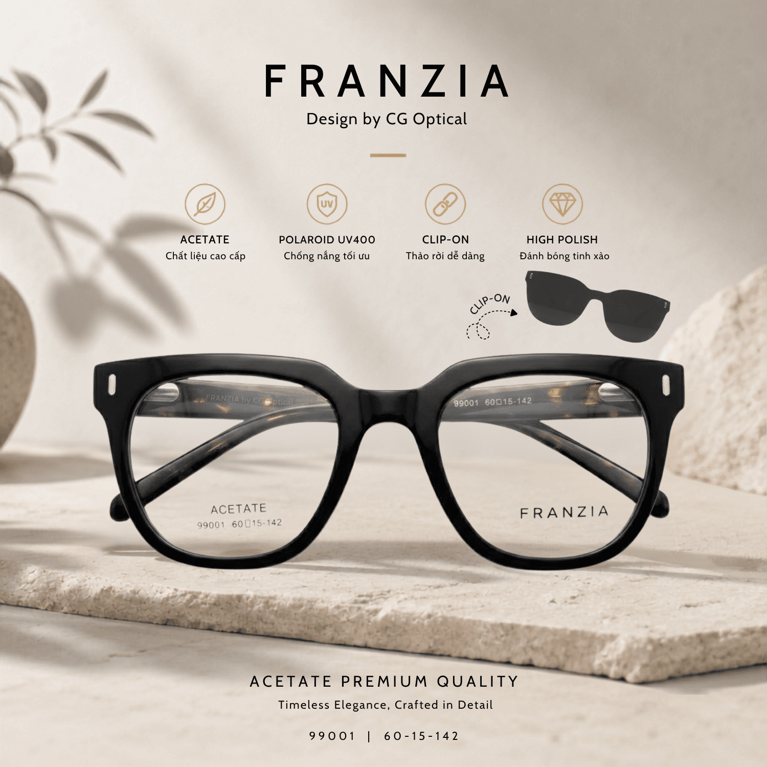 Kính Mát Clip-On FRANZIA Acetate Handmade Cao Cấp - Mã Gọng 99001
