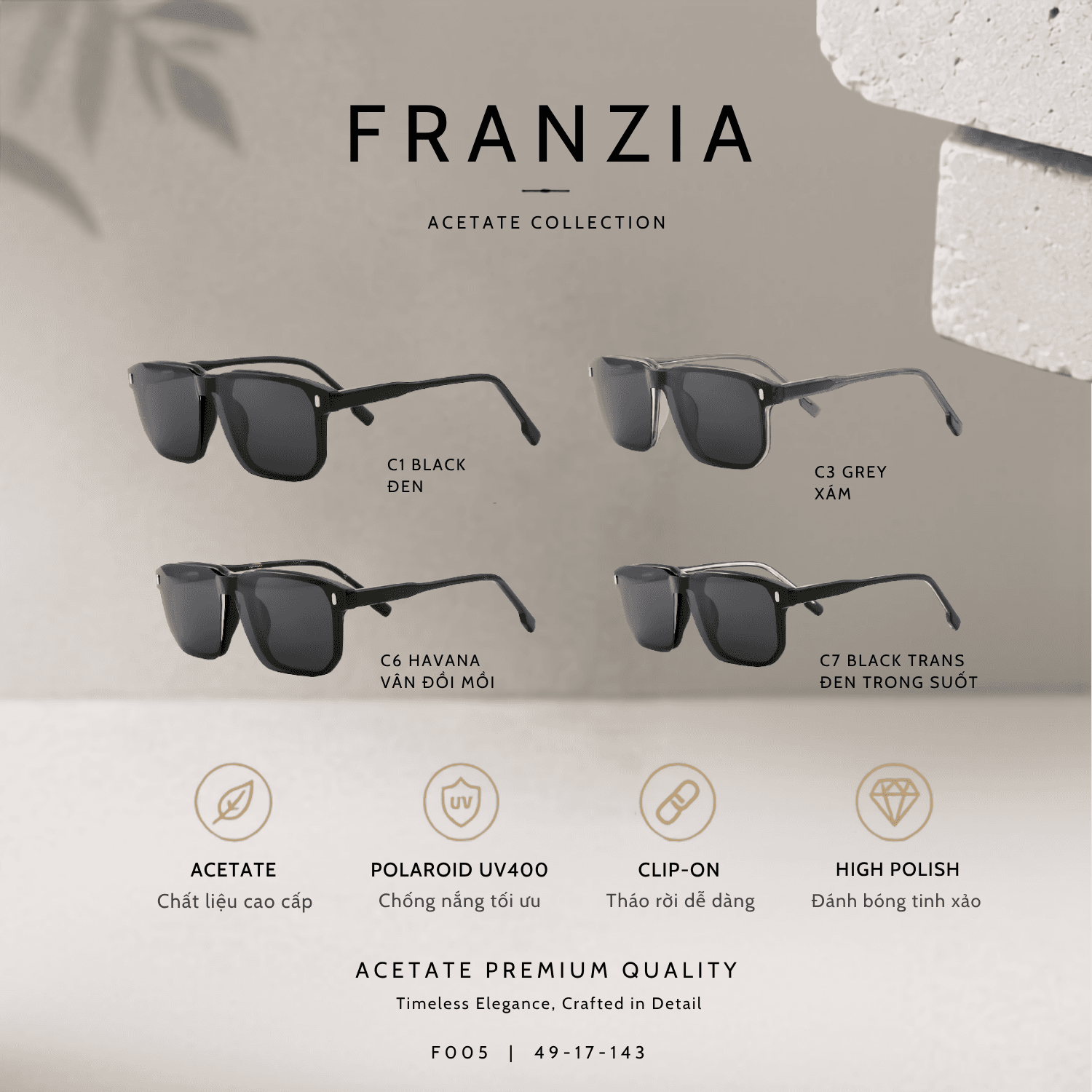 Kính Mát Clip-On FRANZIA Acetate Handmade Cao Cấp - Mã Gọng F005