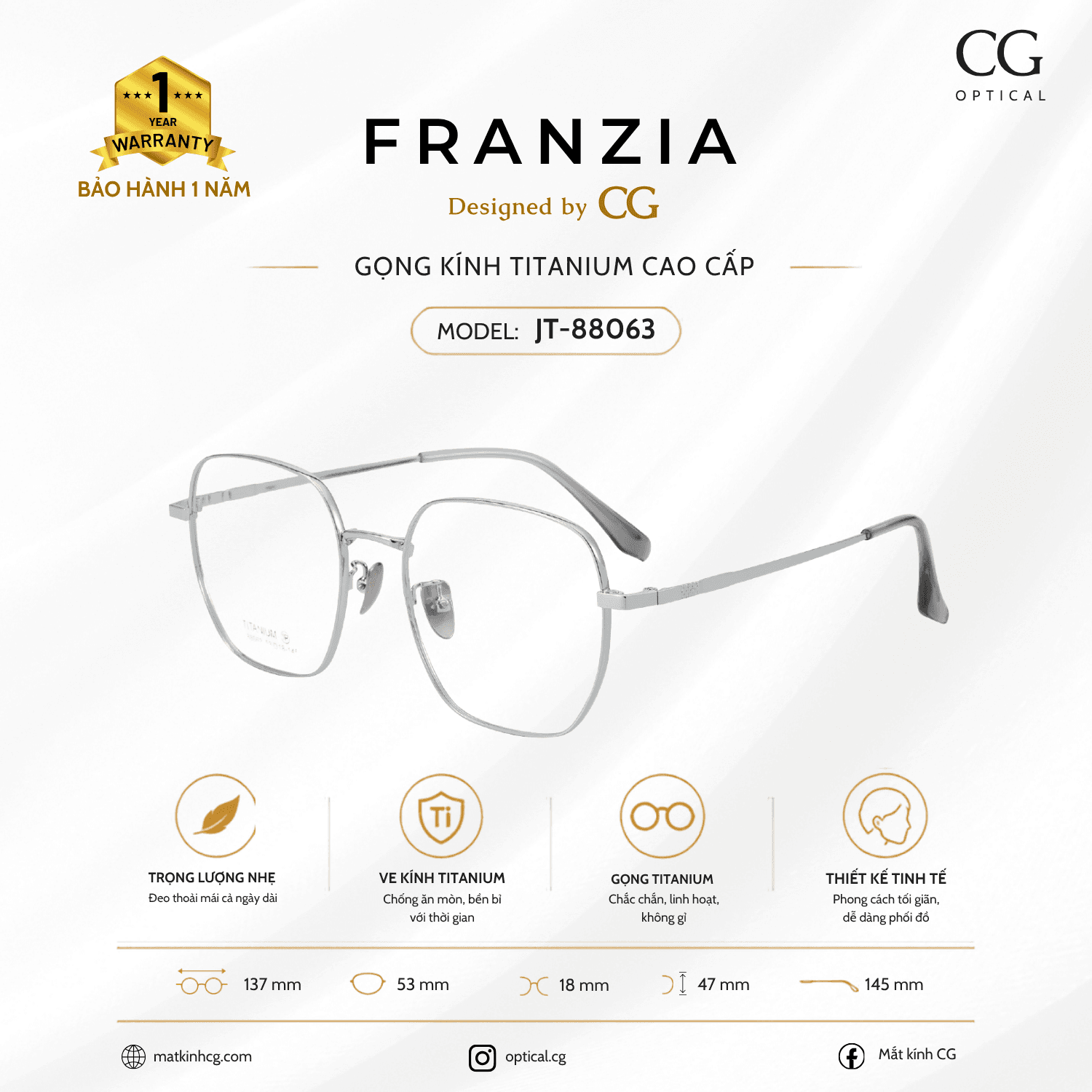 FRANZIA - Gọng kính Titanium - Unisex Thời Trang Mã JT_88063