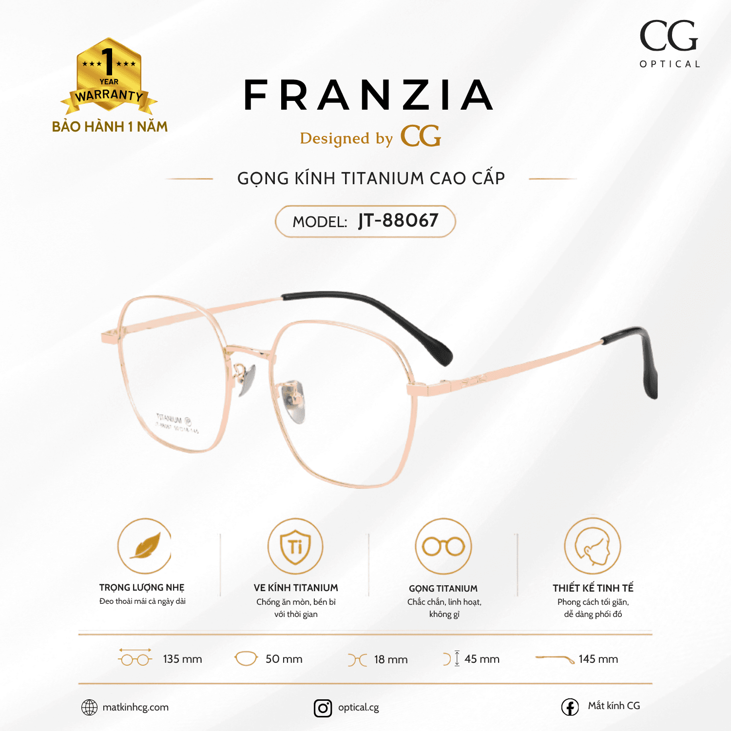FRANZIA - Gọng kính Titanium - Unisex Thời Trang Mã JT_88067