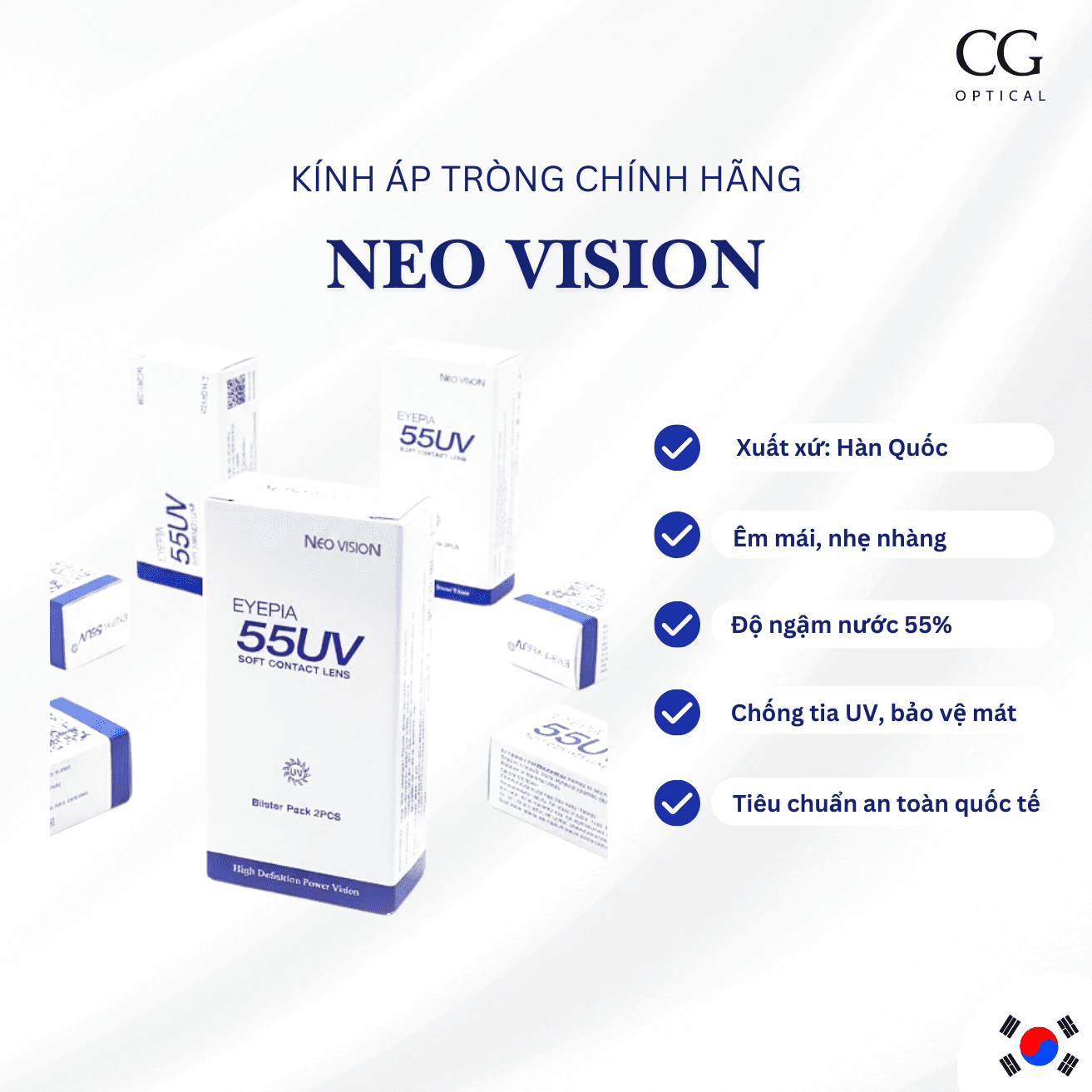 Kính áp tròng Cận Trong suốt NEO VISION Hàn Quốc - Kính EYEPIA 55UV Chống Tia UV, Độ Ẩm 55% Siêu Êm