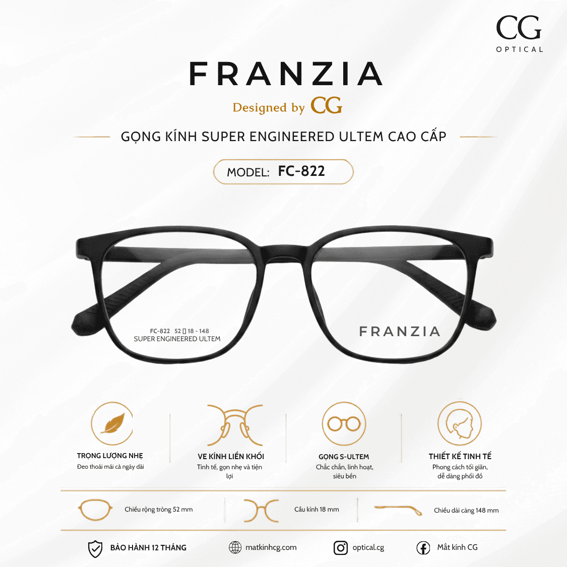 FRANZIA - Gọng kính S-Ultem Cao Cấp - Mã FC822