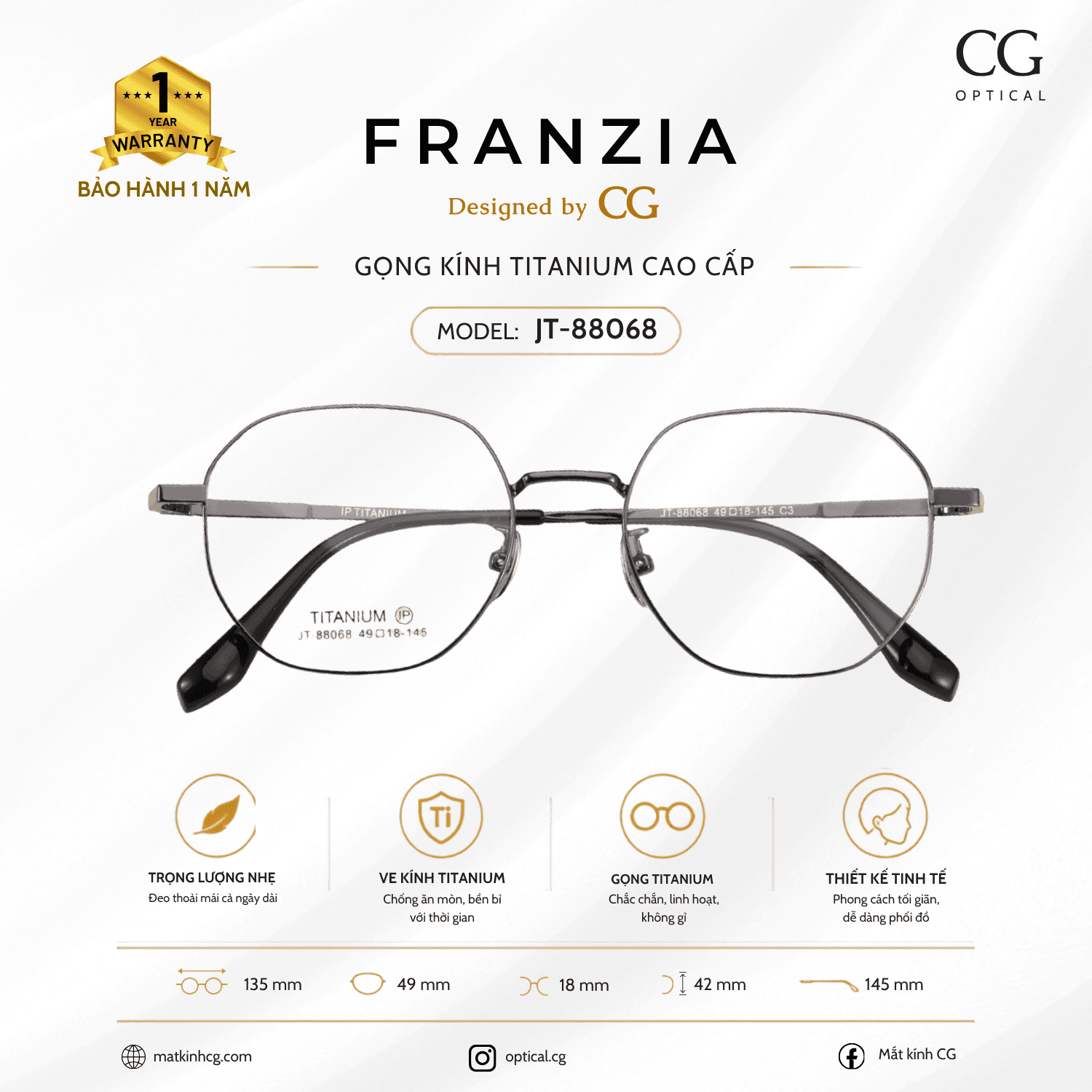 FRANZIA - Gọng kính Titanium - Unisex Thời Trang Mã JT_88068