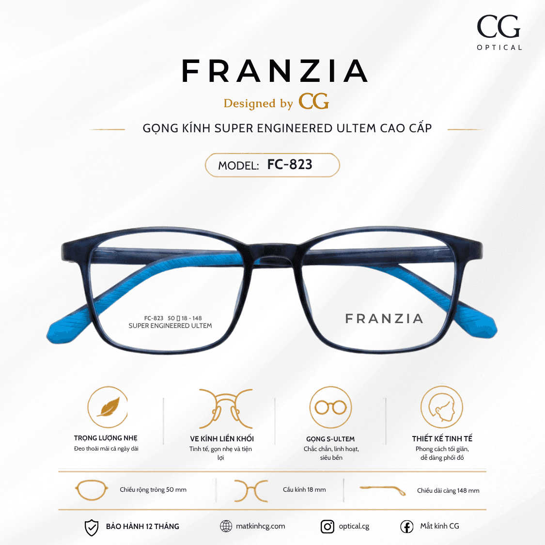 FRANZIA - Gọng kính S-Ultem Cao Cấp - Mã FC823