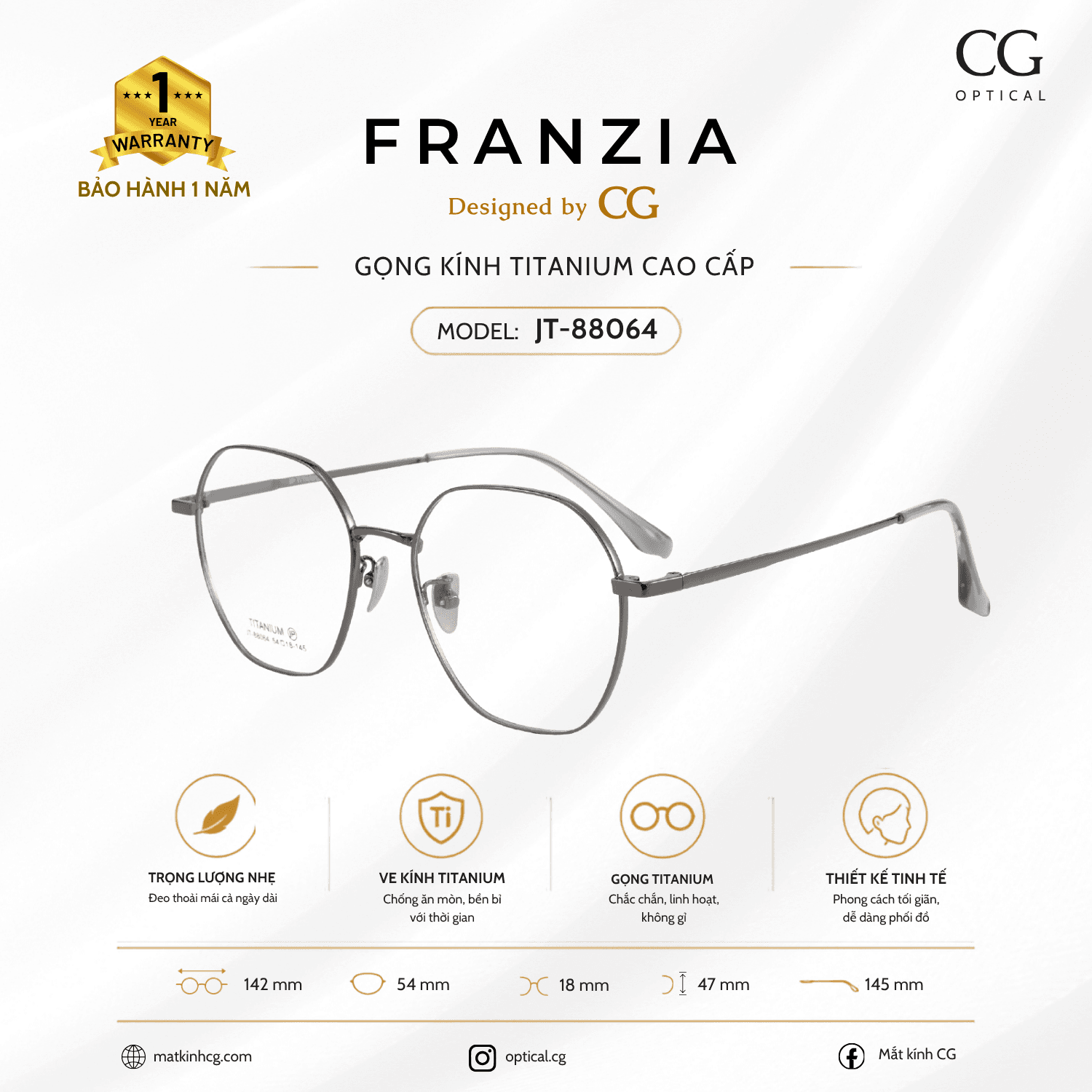 FRANZIA - Gọng kính Titanium - Unisex Thời Trang Mã JT_88064