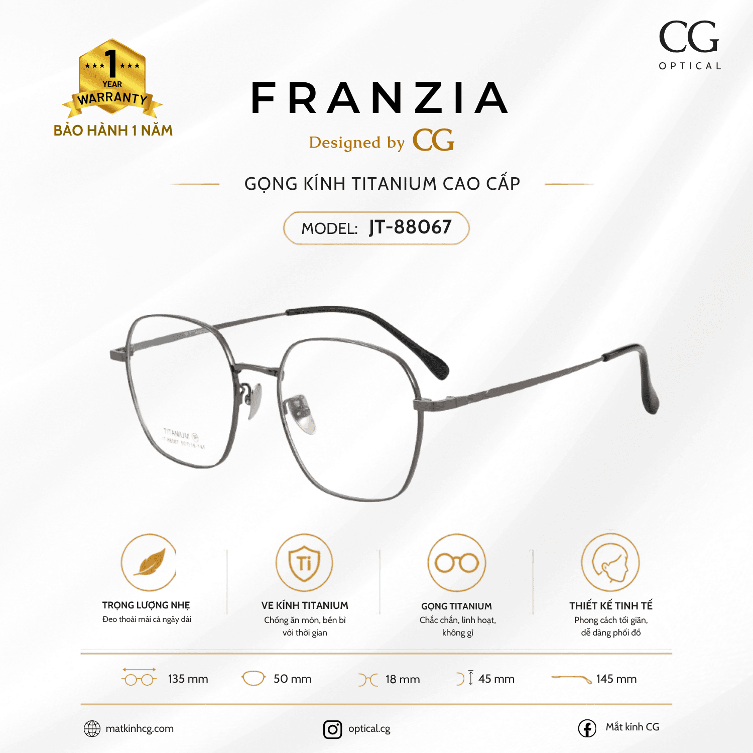 FRANZIA - Gọng kính Titanium - Unisex Thời Trang Mã JT_88067