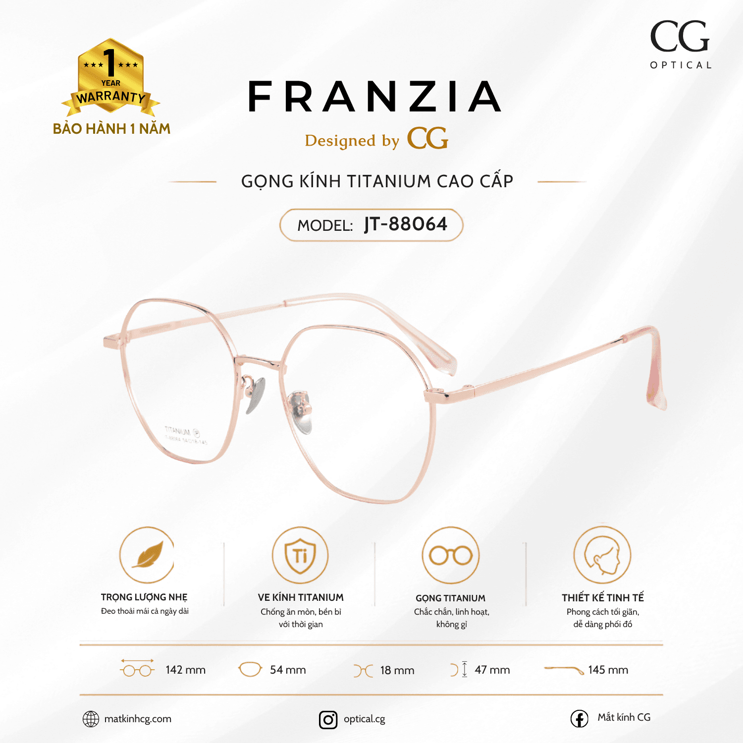 FRANZIA - Gọng kính Titanium - Unisex Thời Trang Mã JT_88064