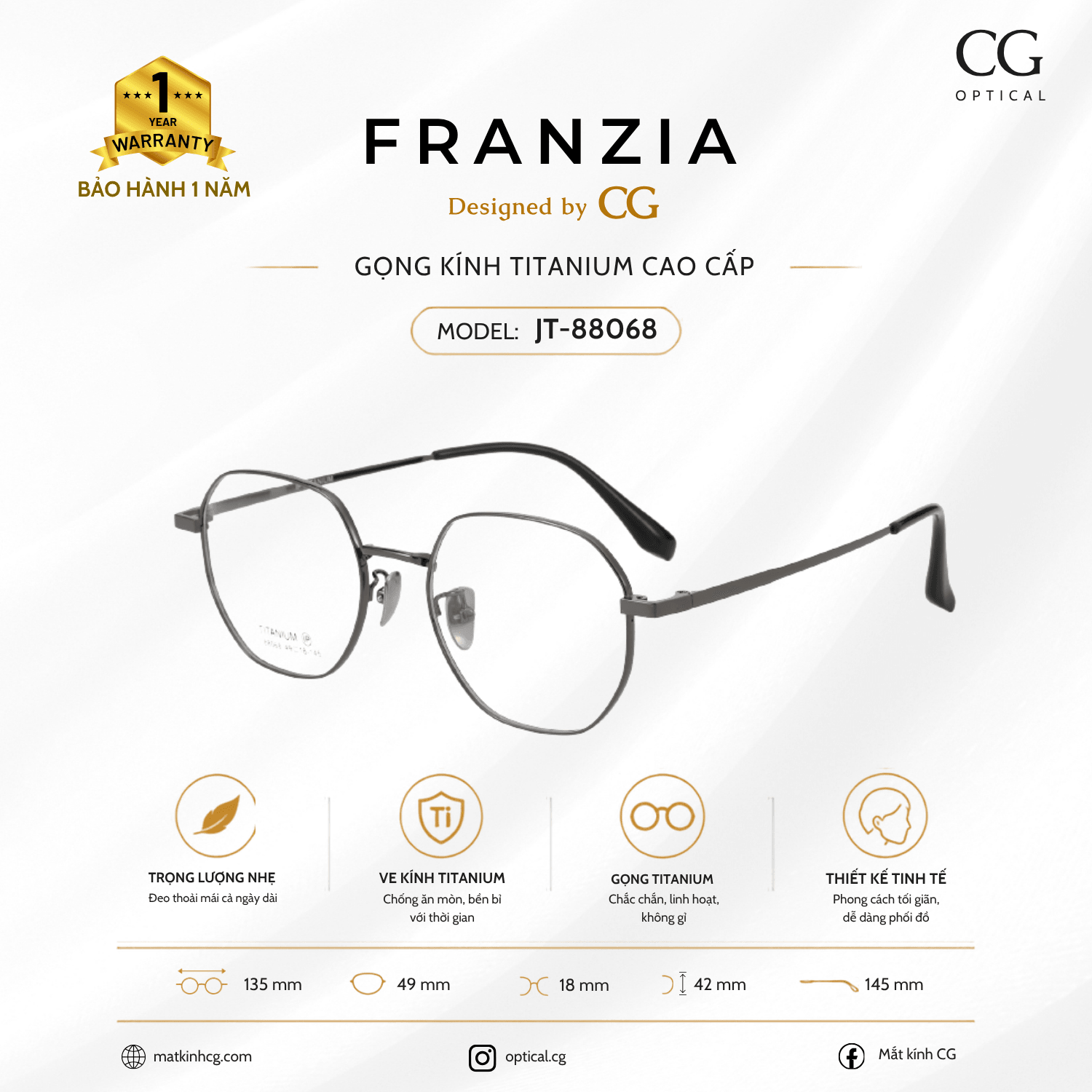 FRANZIA - Gọng kính Titanium - Unisex Thời Trang Mã JT_88068 - 4