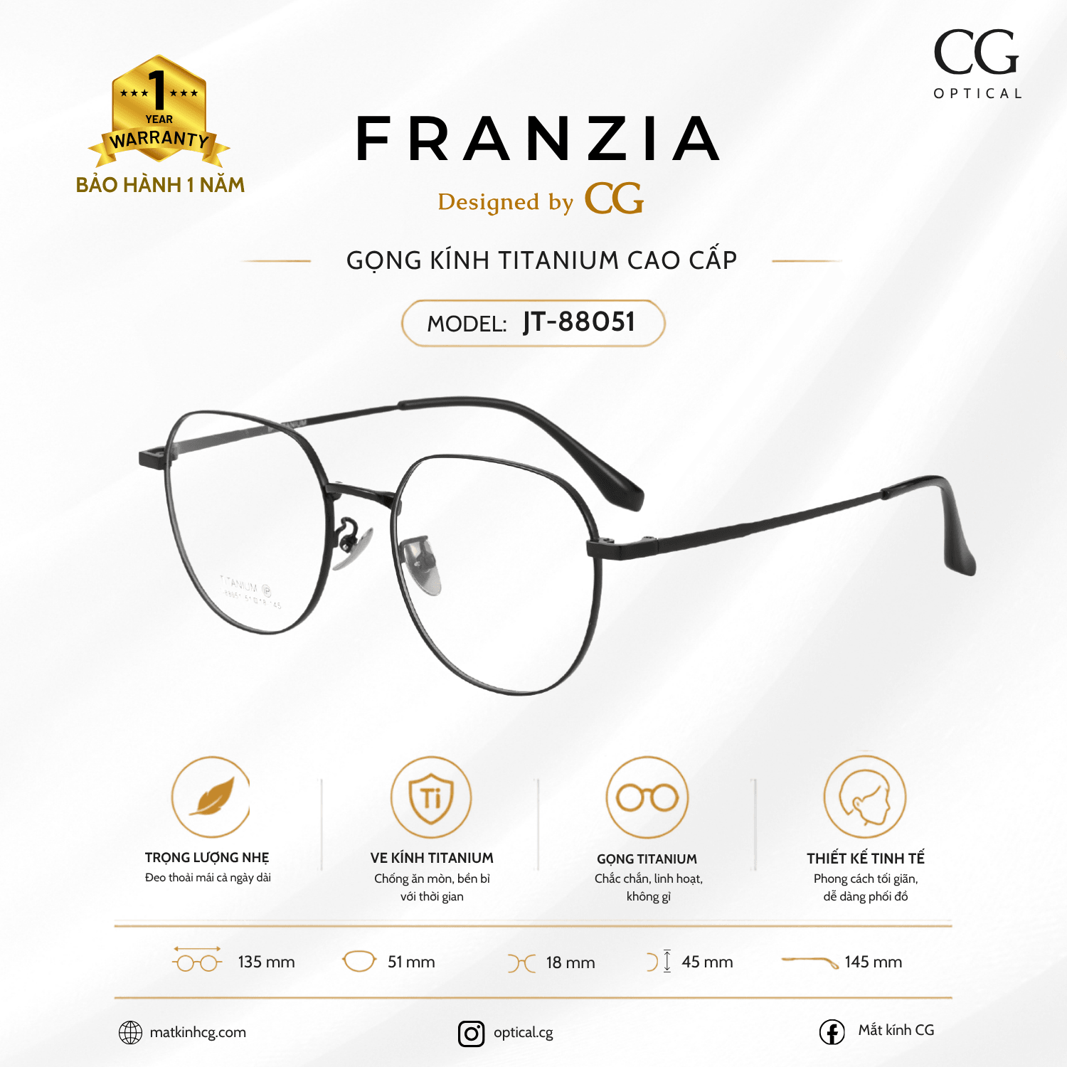 FRANZIA - Gọng kính Titanium - Thời Trang Mã JT_88051 - 2