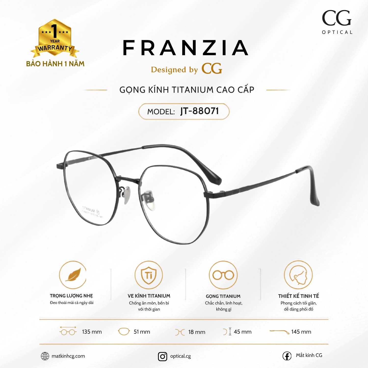 FRANZIA - Gọng kính Titanium - Unisex Thời Trang Mã JT_88071 - 2