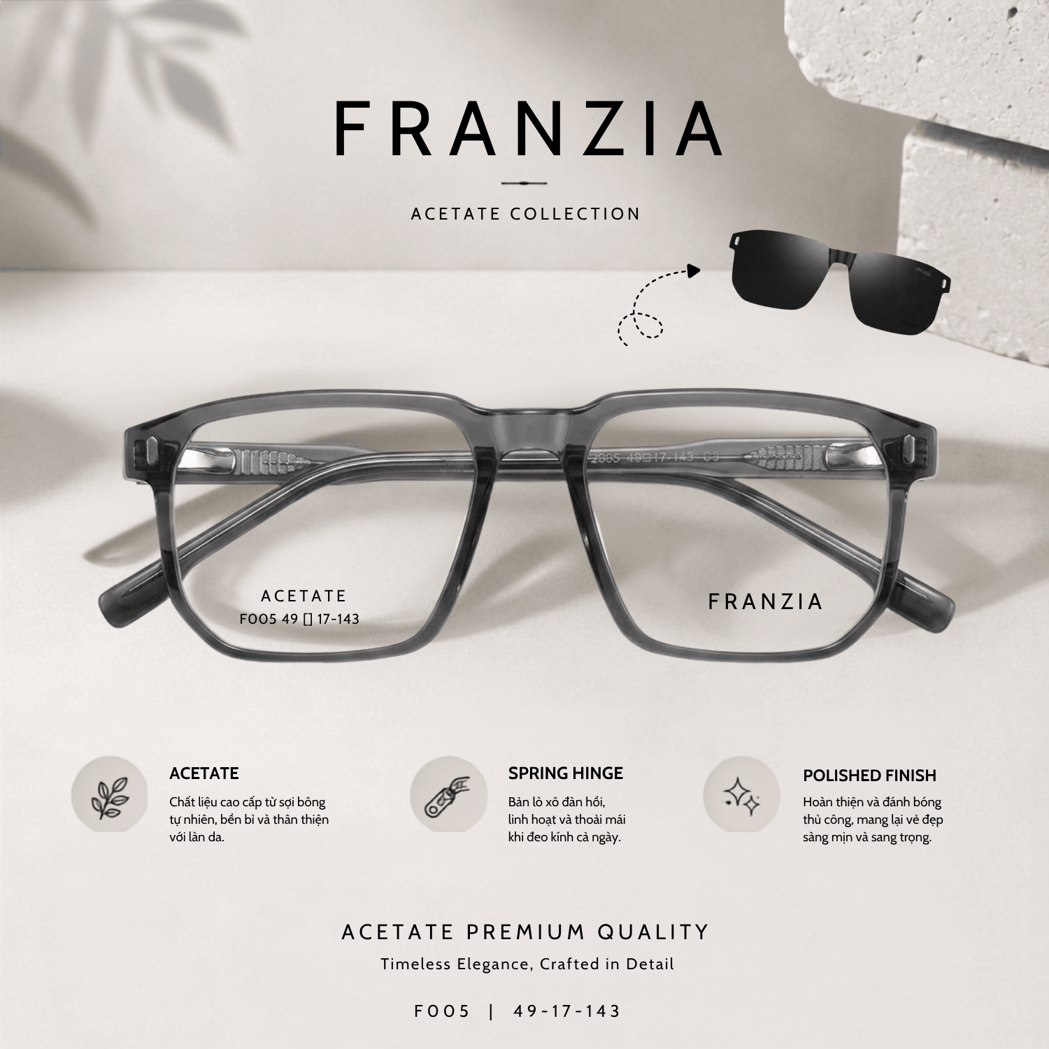 Kính Mát Clip-On FRANZIA Acetate Handmade Cao Cấp - Mã Gọng F005 - 2