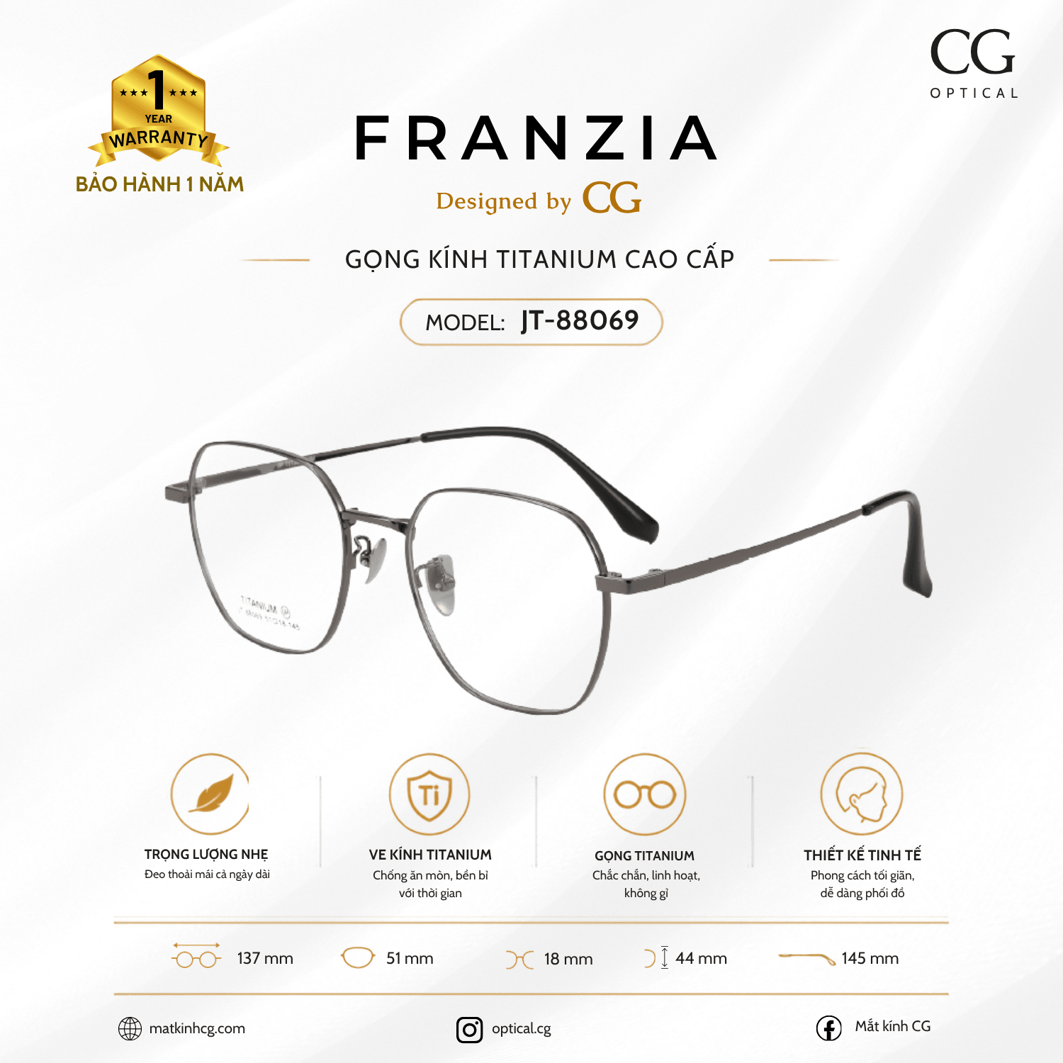 FRANZIA - Gọng kính Titanium - Unisex Thời Trang Mã JT_88069 - 4