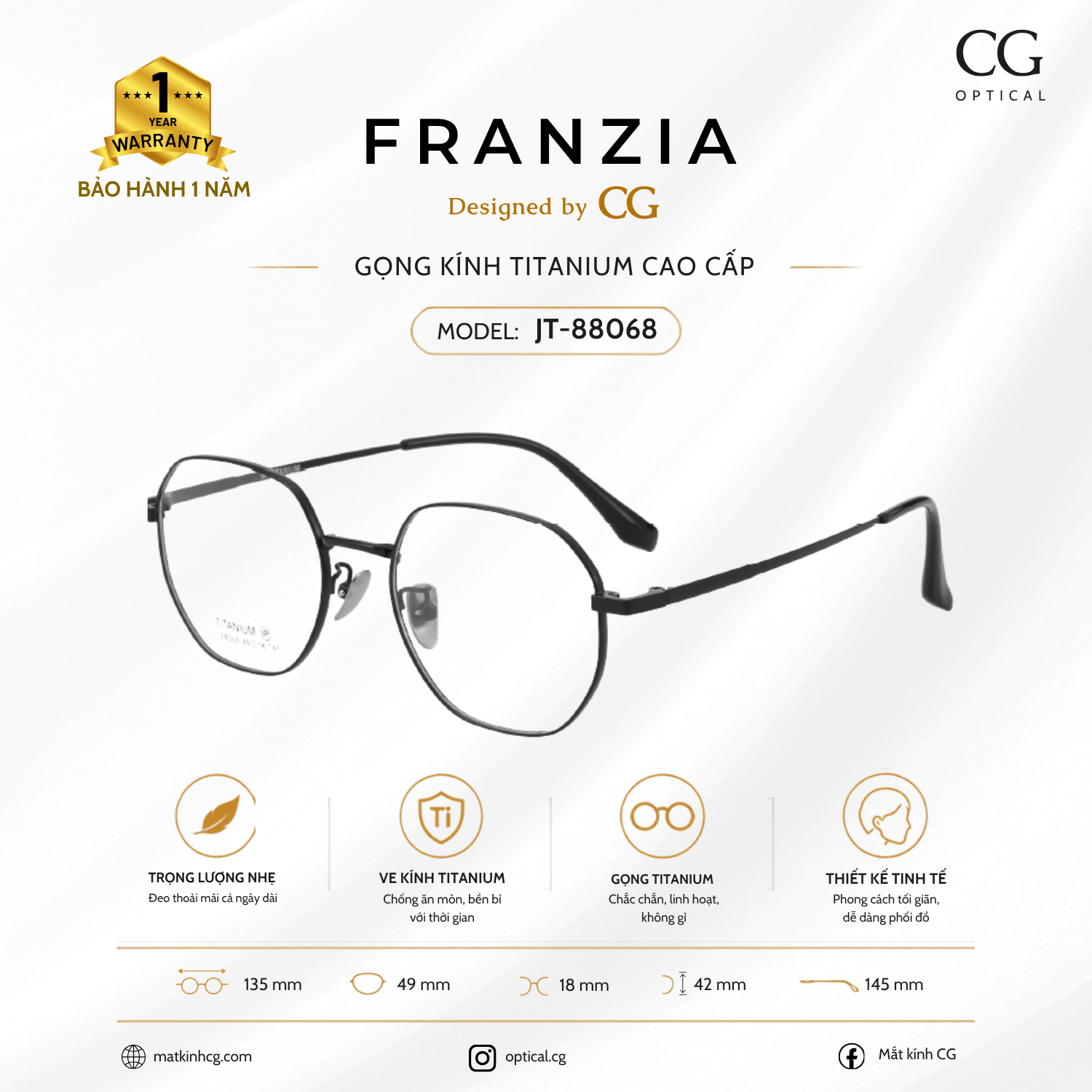 FRANZIA - Gọng kính Titanium - Unisex Thời Trang Mã JT_88068 - 2