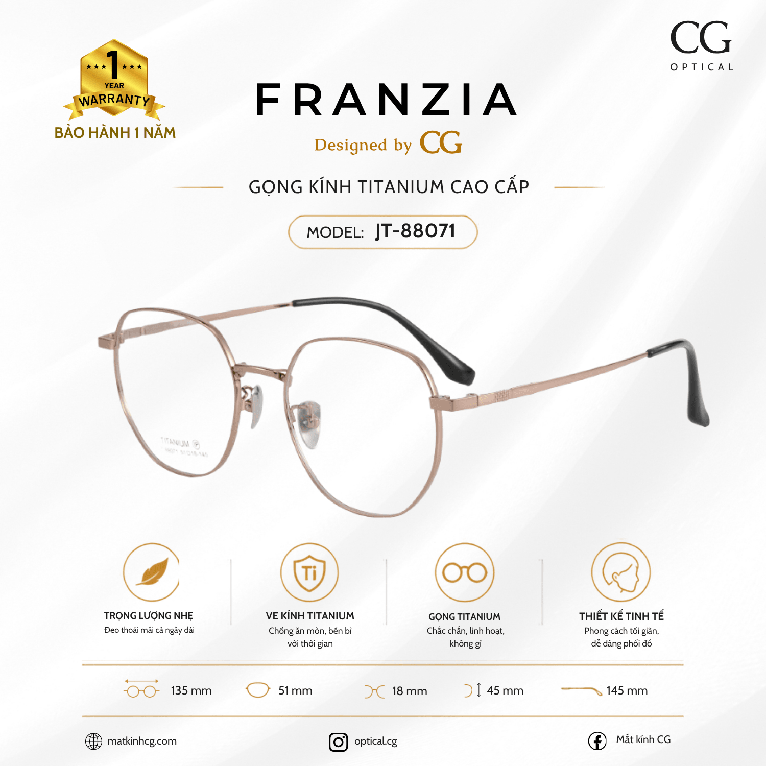 FRANZIA - Gọng kính Titanium - Unisex Thời Trang Mã JT_88071 - 6