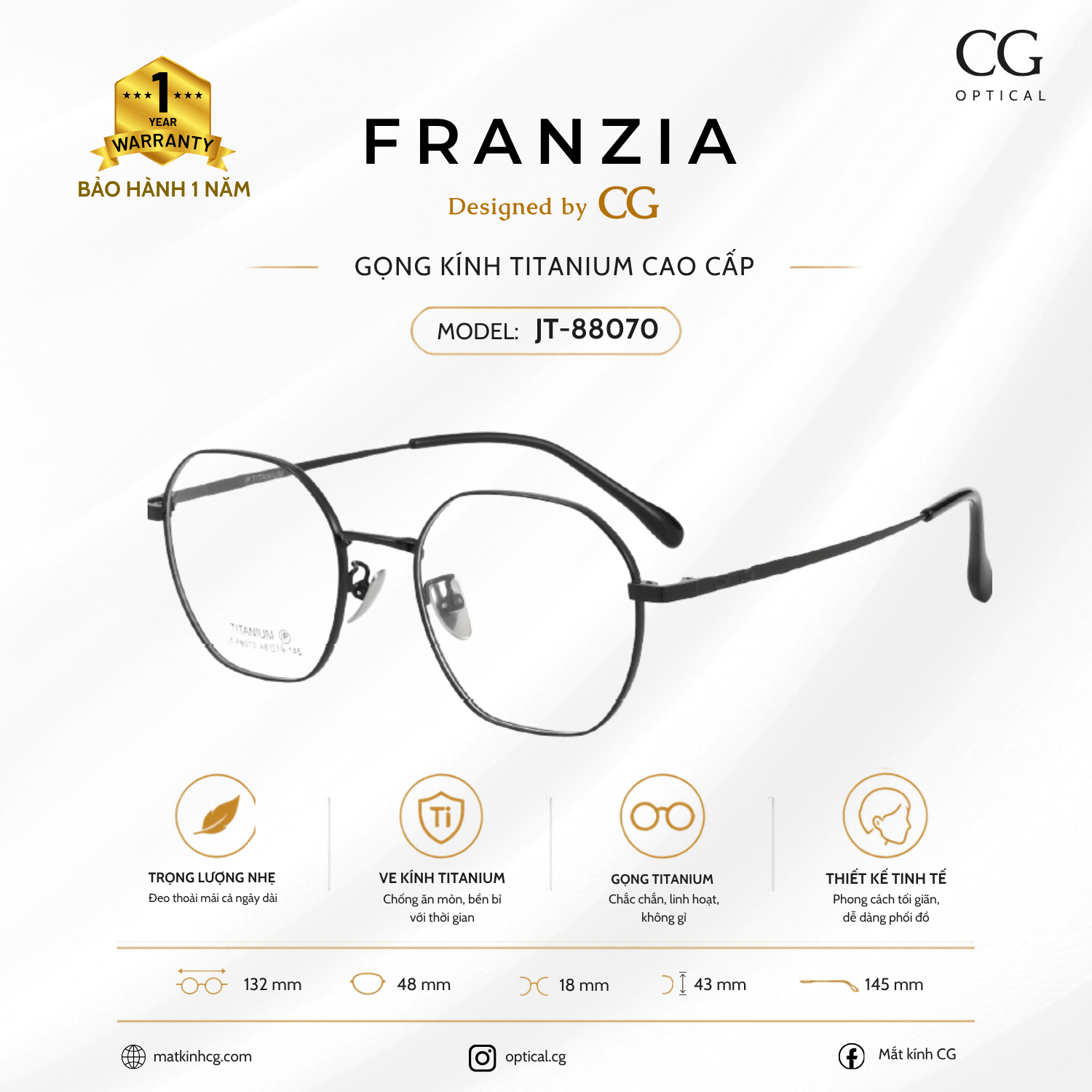 FRANZIA - Gọng kính Titanium - Nữ Thời Trang Mã JT_88070 - 3