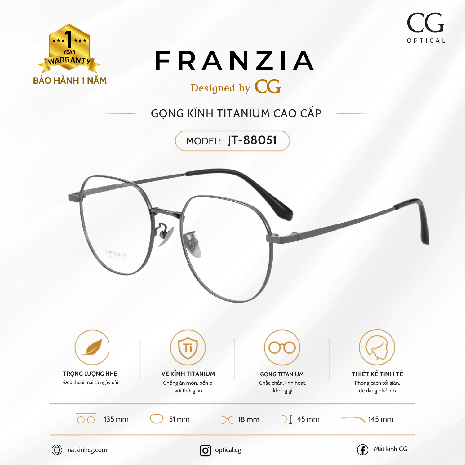 FRANZIA - Gọng kính Titanium - Thời Trang Mã JT_88051 - 5