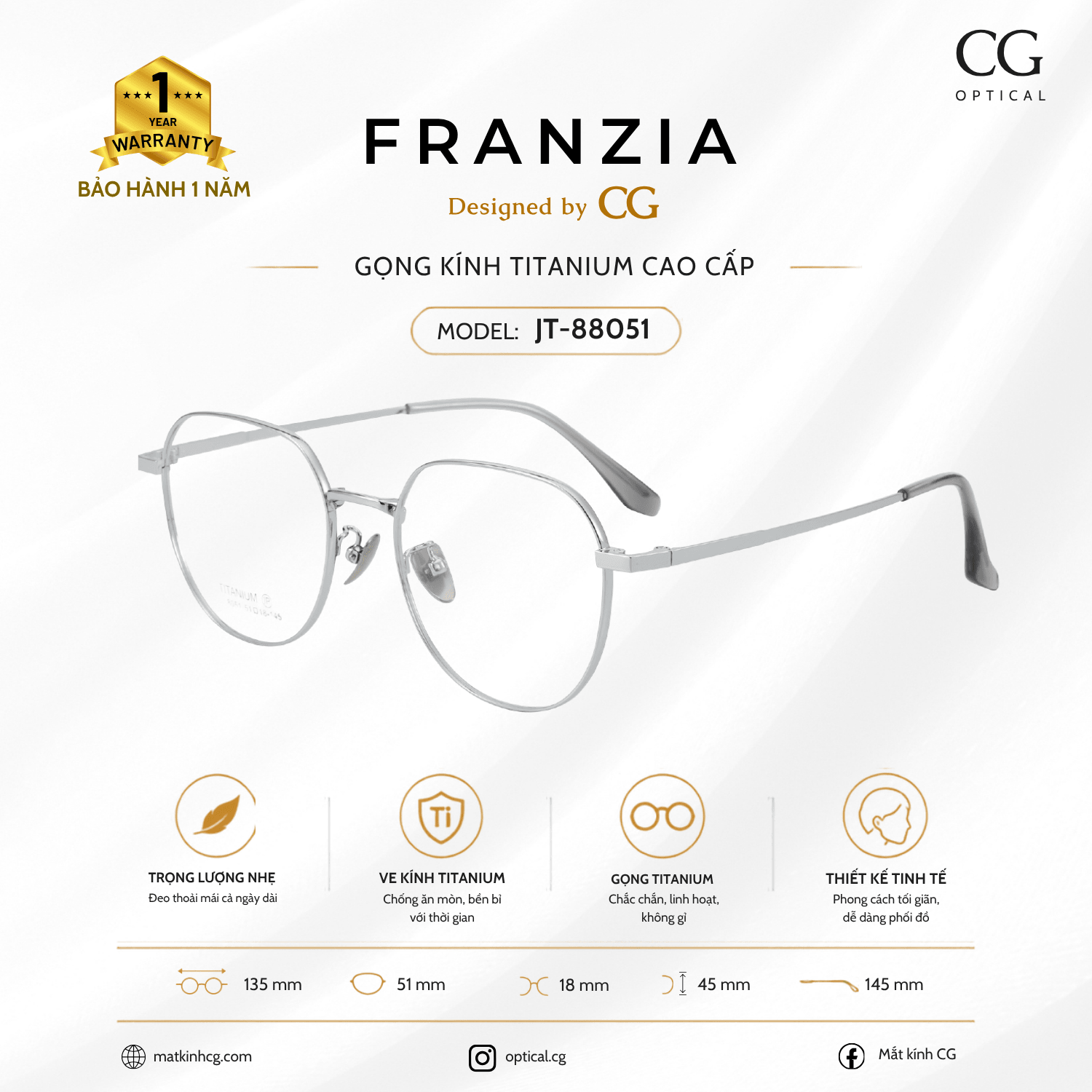 FRANZIA - Gọng kính Titanium - Thời Trang Mã JT_88051 - 3