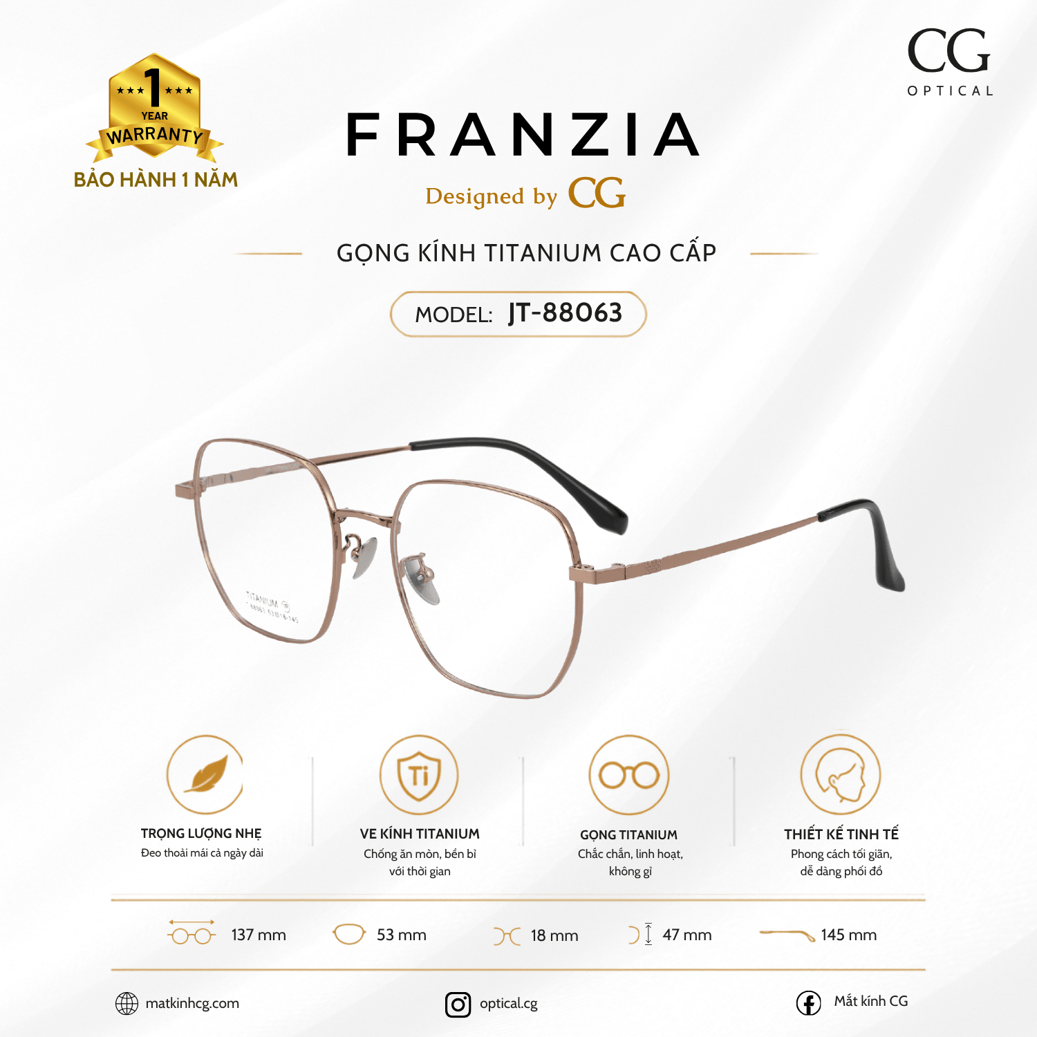 FRANZIA - Gọng kính Titanium - Unisex Thời Trang Mã JT_88063 - 6