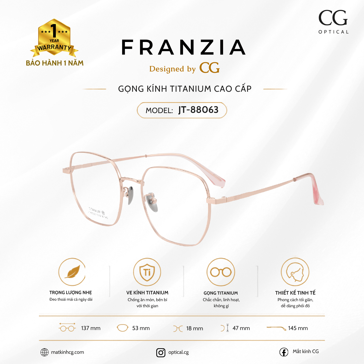 FRANZIA - Gọng kính Titanium - Unisex Thời Trang Mã JT_88063 - 5