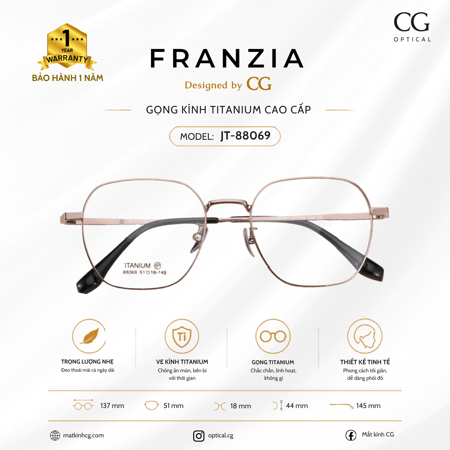 FRANZIA - Gọng kính Titanium - Unisex Thời Trang Mã JT_88069 - 1