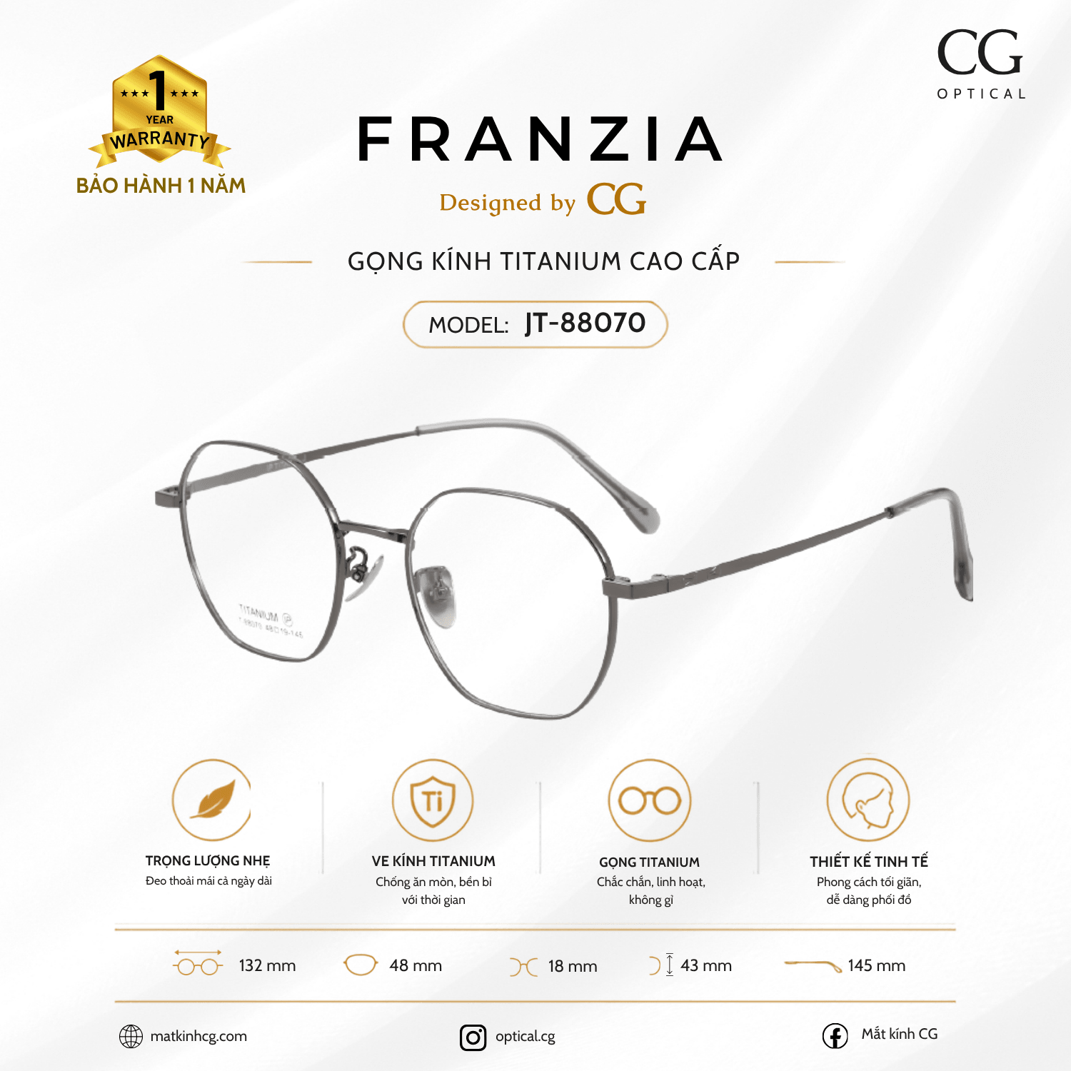 FRANZIA - Gọng kính Titanium - Nữ Thời Trang Mã JT_88070 - 4