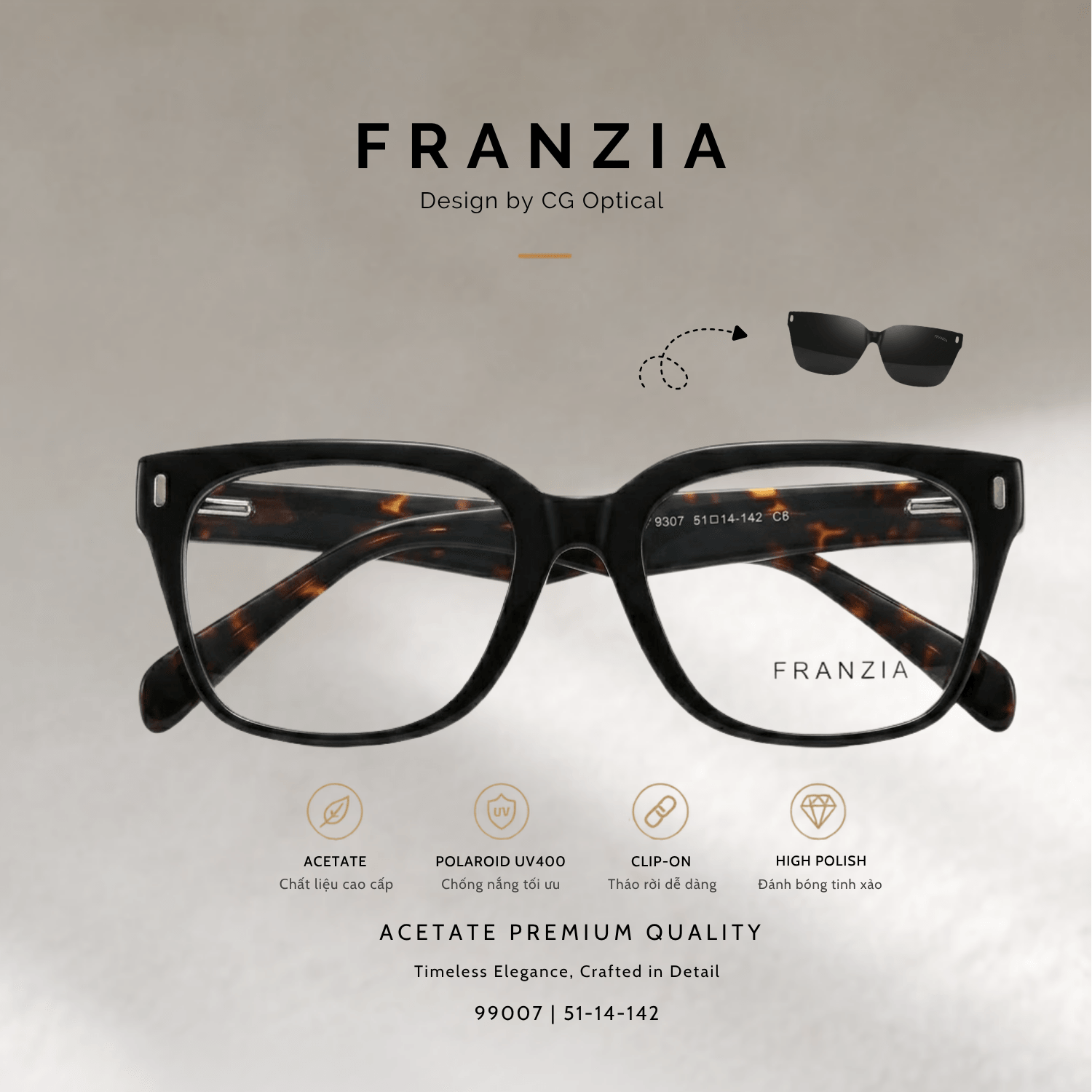 Kính Mát Clip-On FRANZIA Acetate Handmade Cao Cấp - Mã Gọng 99007 - 2