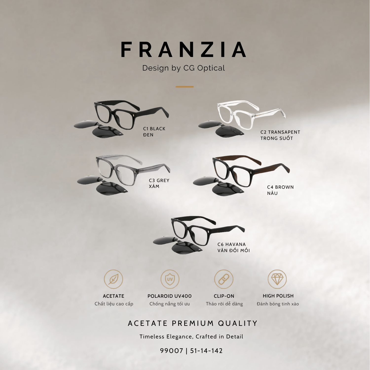 Kính Mát Clip-On FRANZIA Acetate Handmade Cao Cấp - Mã Gọng 99007 - 1