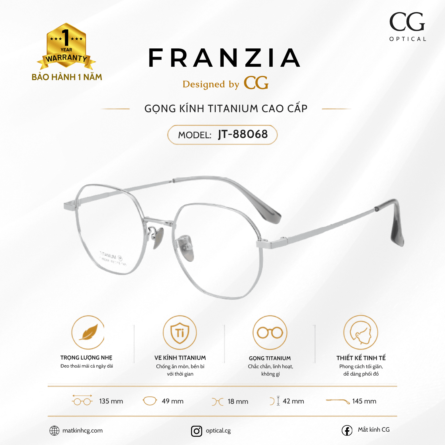 FRANZIA - Gọng kính Titanium - Unisex Thời Trang Mã JT_88068 - 3