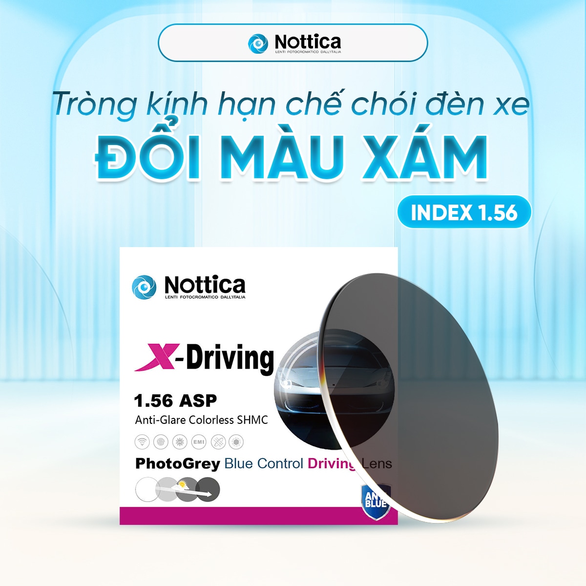 Tròng Kính Nottica 1.56 ASP X5 DRIVING ĐỔI MÀU KHÓI – Chống Ánh Sáng Xanh, Chống Chói - 1