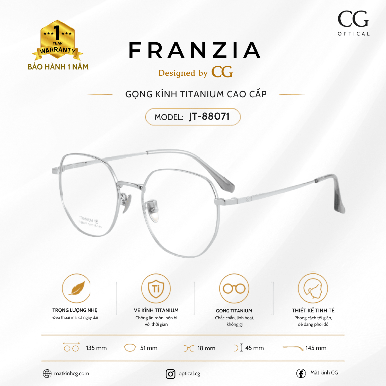 FRANZIA - Gọng kính Titanium - Unisex Thời Trang Mã JT_88071 - 3