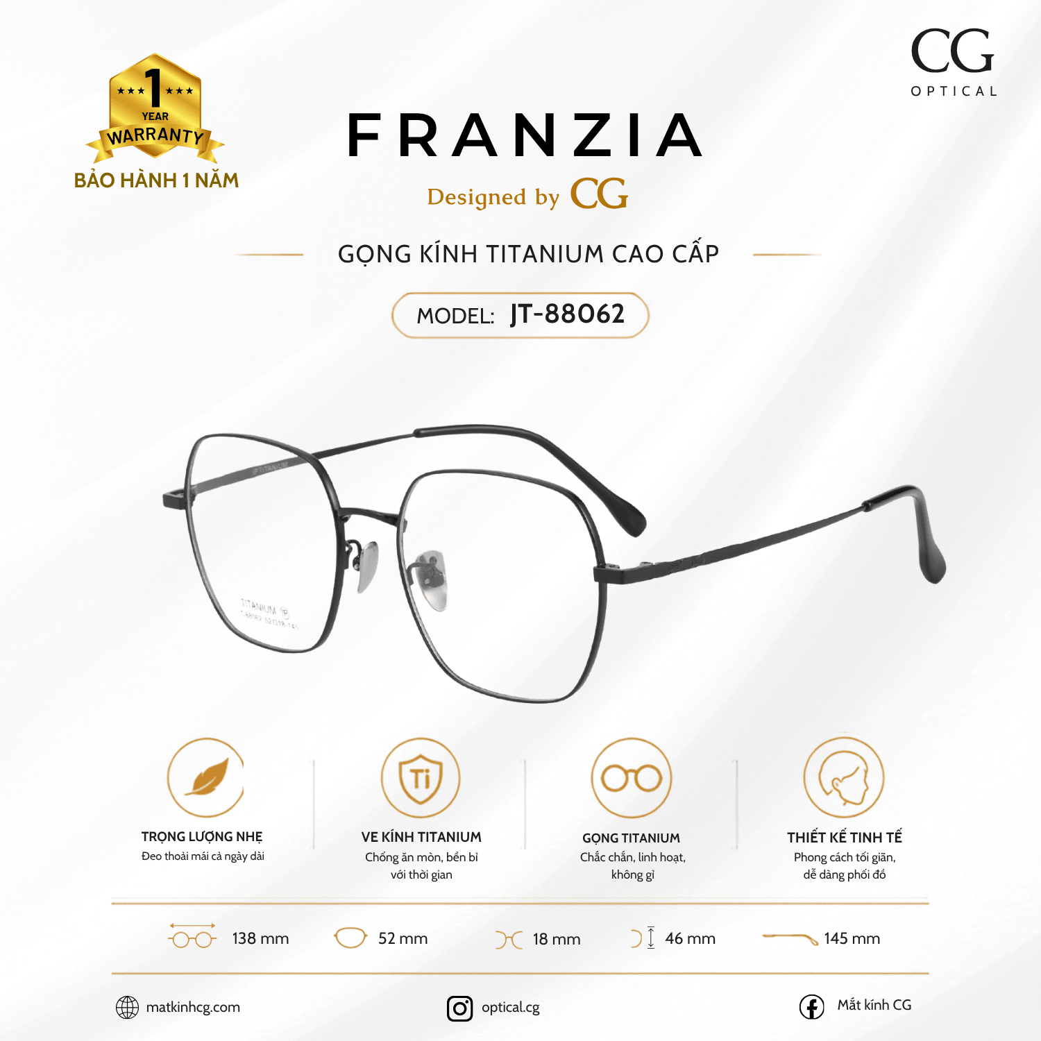 FRANZIA - Gọng kính Titanium - Thời Trang Mã JT_88062 - 2
