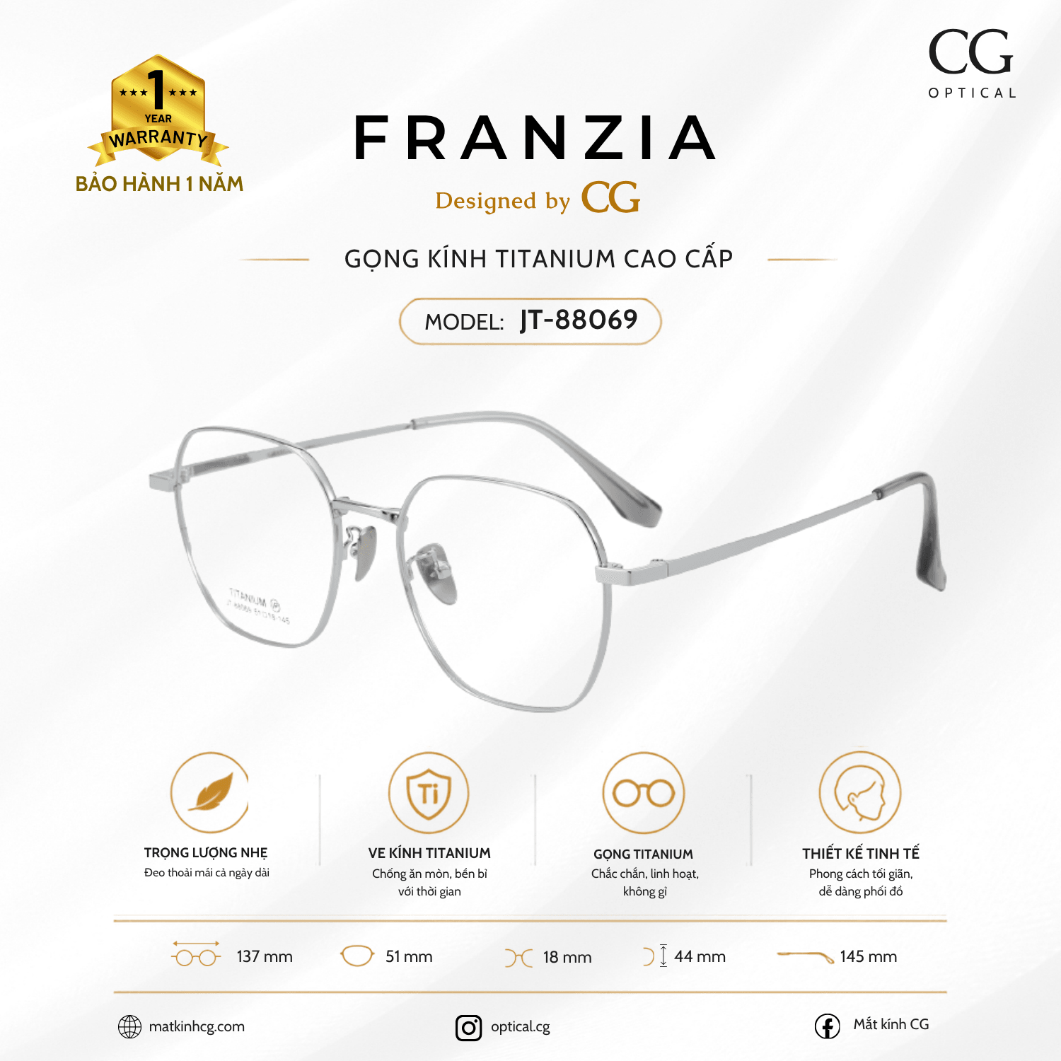 FRANZIA - Gọng kính Titanium - Unisex Thời Trang Mã JT_88069 - 3