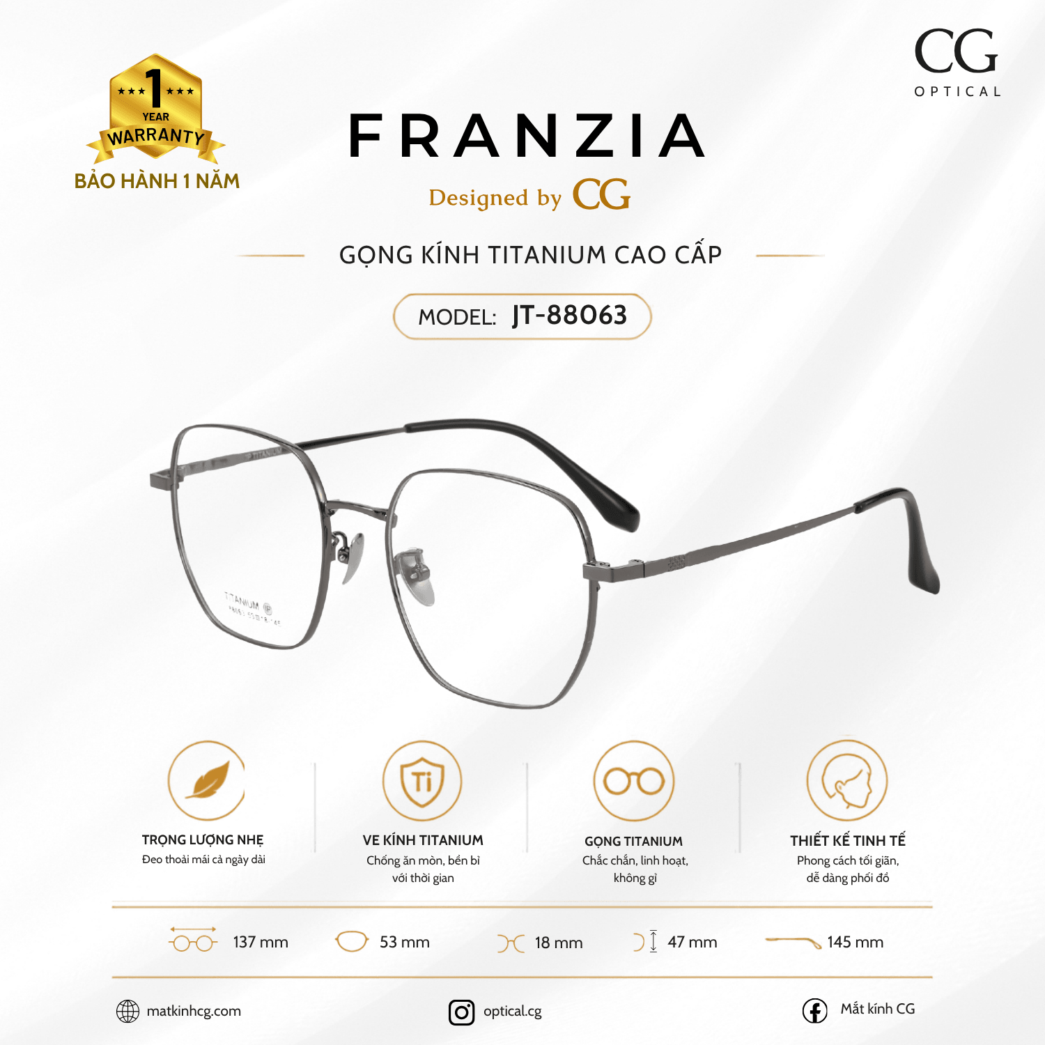 FRANZIA - Gọng kính Titanium - Unisex Thời Trang Mã JT_88063 - 3