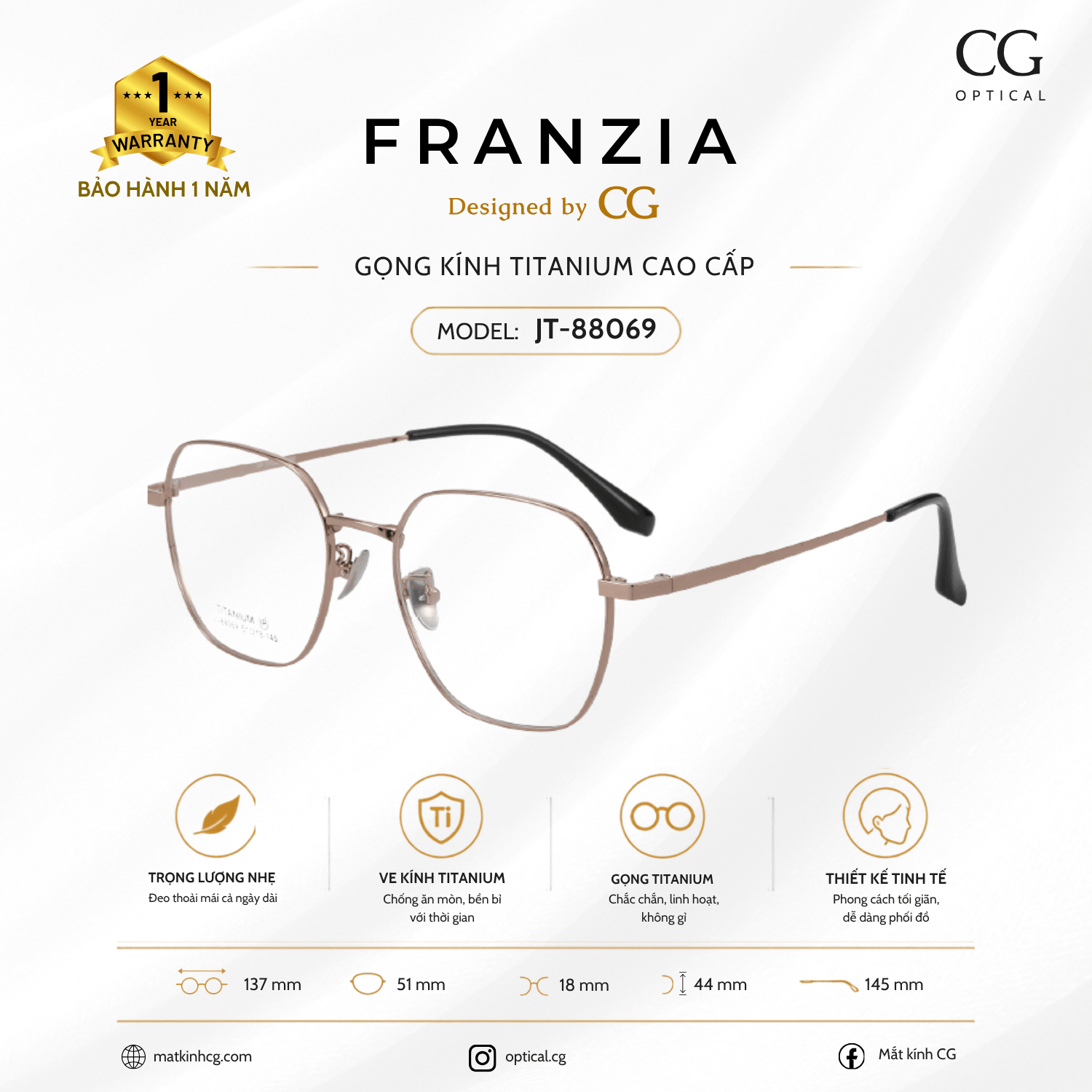 FRANZIA - Gọng kính Titanium - Unisex Thời Trang Mã JT_88069 - 6