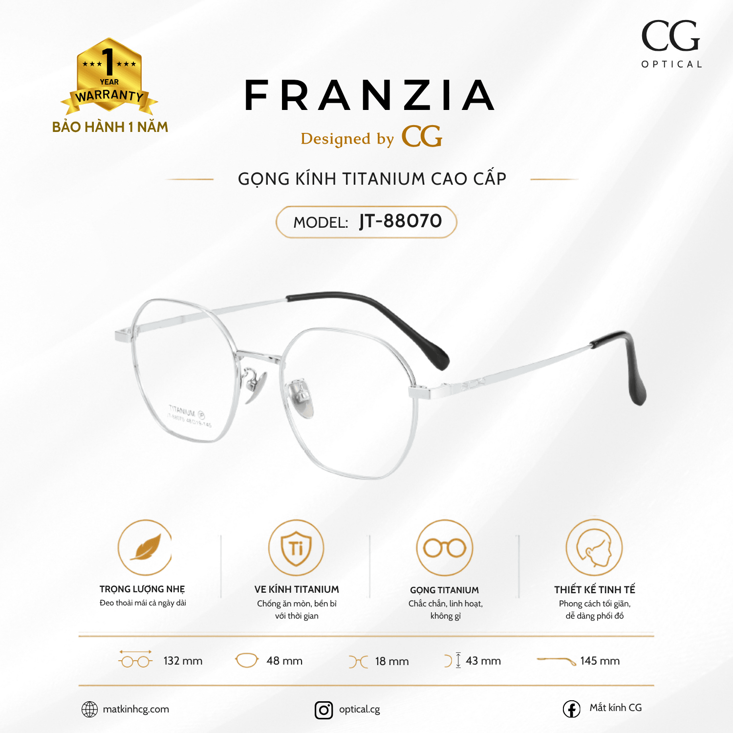 FRANZIA - Gọng kính Titanium - Nữ Thời Trang Mã JT_88070 - 5