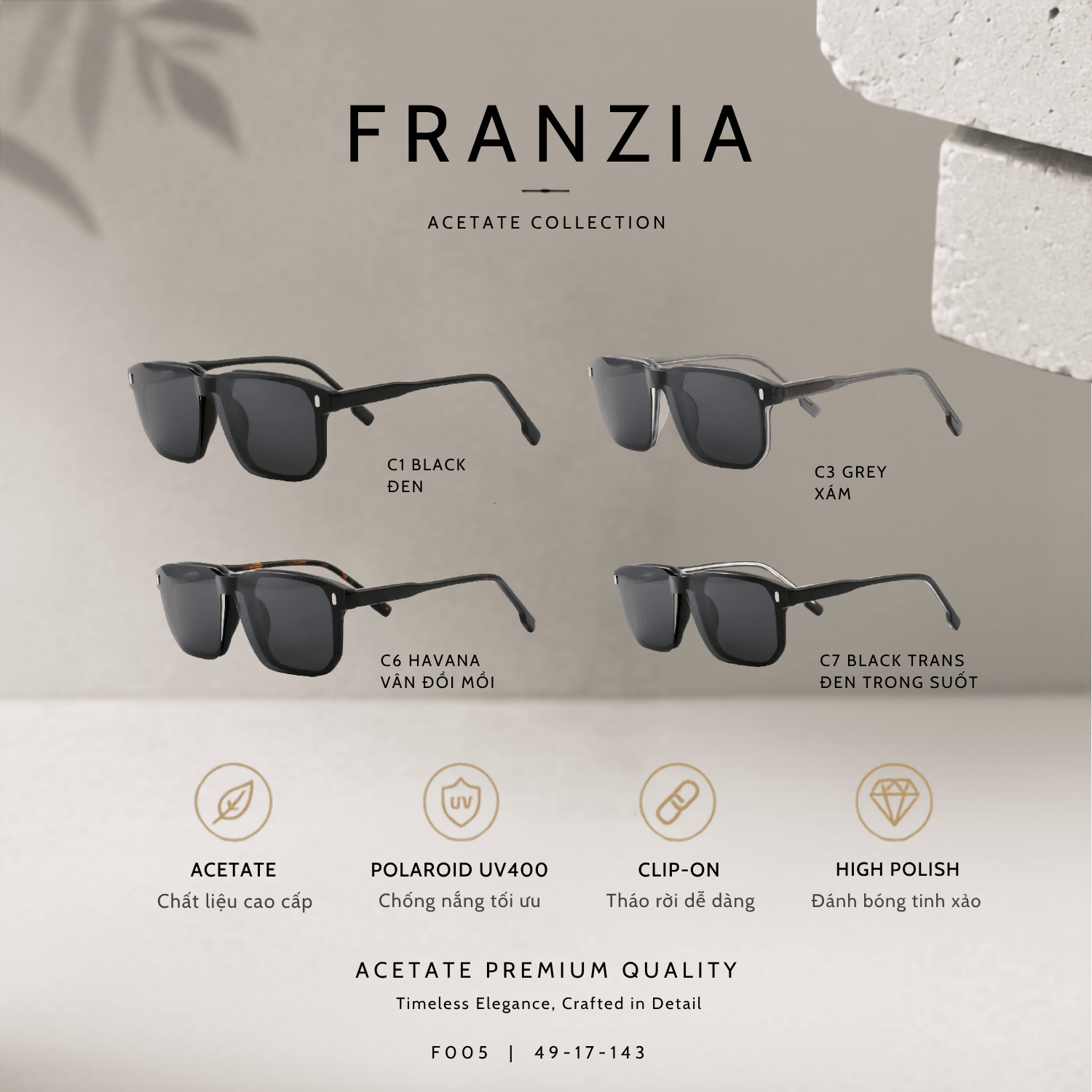 Kính Mát Clip-On FRANZIA Acetate Handmade Cao Cấp - Mã Gọng F005 - 1
