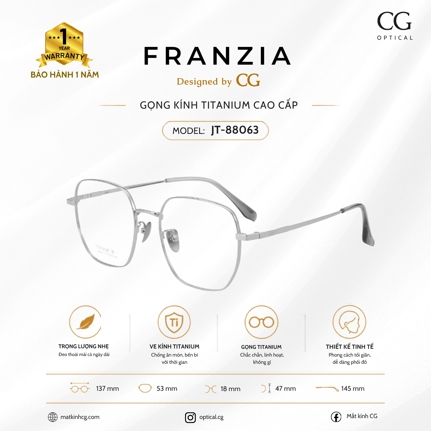 FRANZIA - Gọng kính Titanium - Unisex Thời Trang Mã JT_88063 - 4