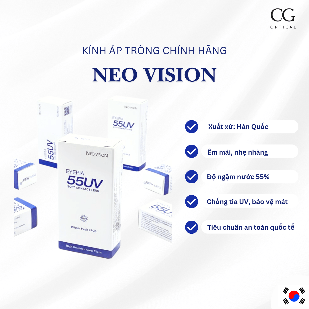 Kính áp tròng Cận Trong suốt NEO VISION Hàn Quốc - Kính EYEPIA 55UV Chống Tia UV, Độ Ẩm 55% Siêu Êm - 1