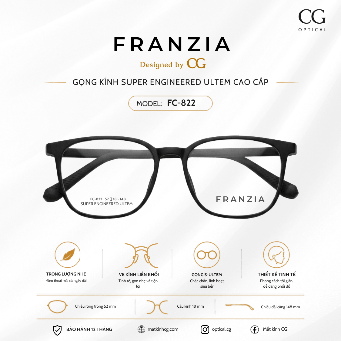 FRANZIA - Gọng kính S-Ultem Cao Cấp - Mã FC822 - 1