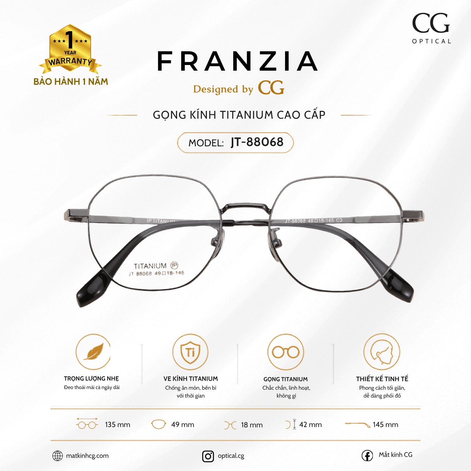 FRANZIA - Gọng kính Titanium - Unisex Thời Trang Mã JT_88068 - 1