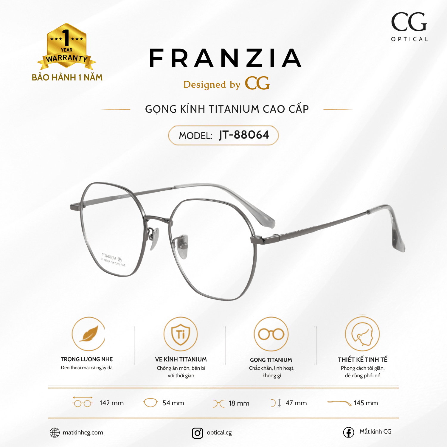 FRANZIA - Gọng kính Titanium - Unisex Thời Trang Mã JT_88064 - 5