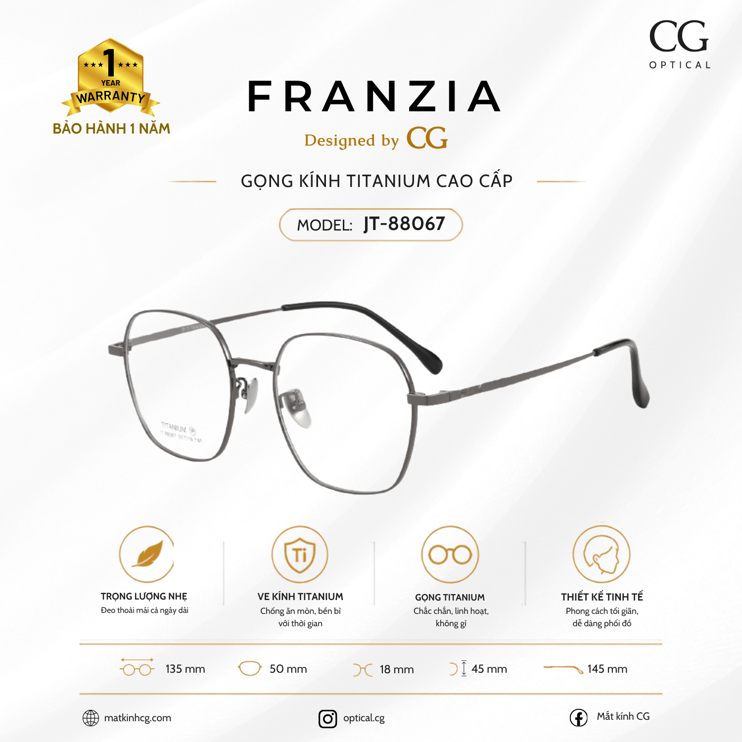 FRANZIA - Gọng kính Titanium - Unisex Thời Trang Mã JT_88067 - 3