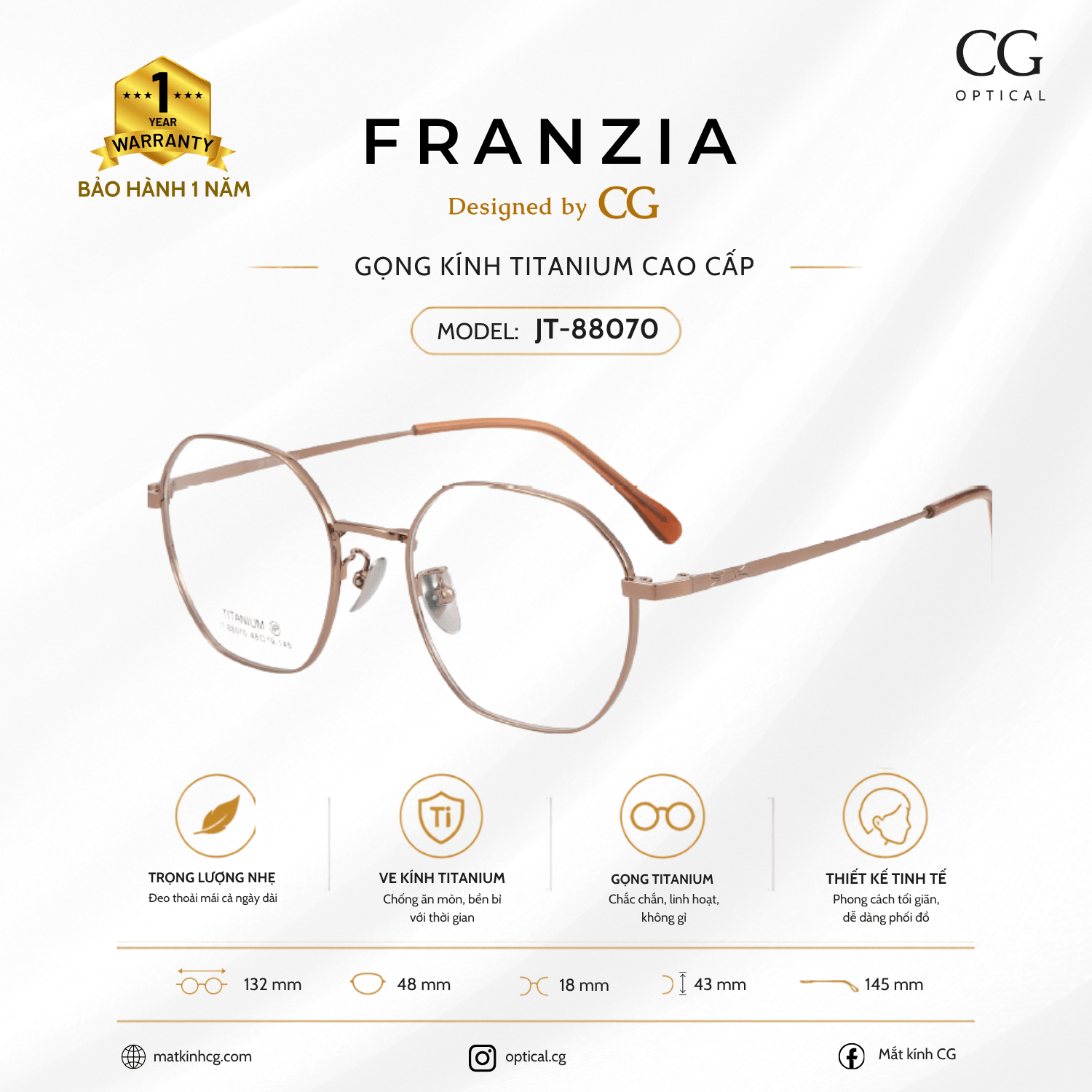 FRANZIA - Gọng kính Titanium - Nữ Thời Trang Mã JT_88070 - 7