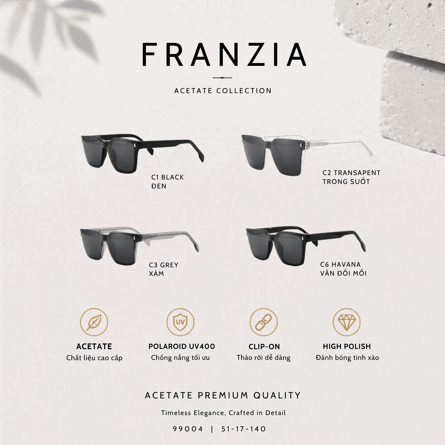 Kính Mát Clip-On FRANZIA Acetate Handmade Cao Cấp - Mã Gọng 99004 - 3