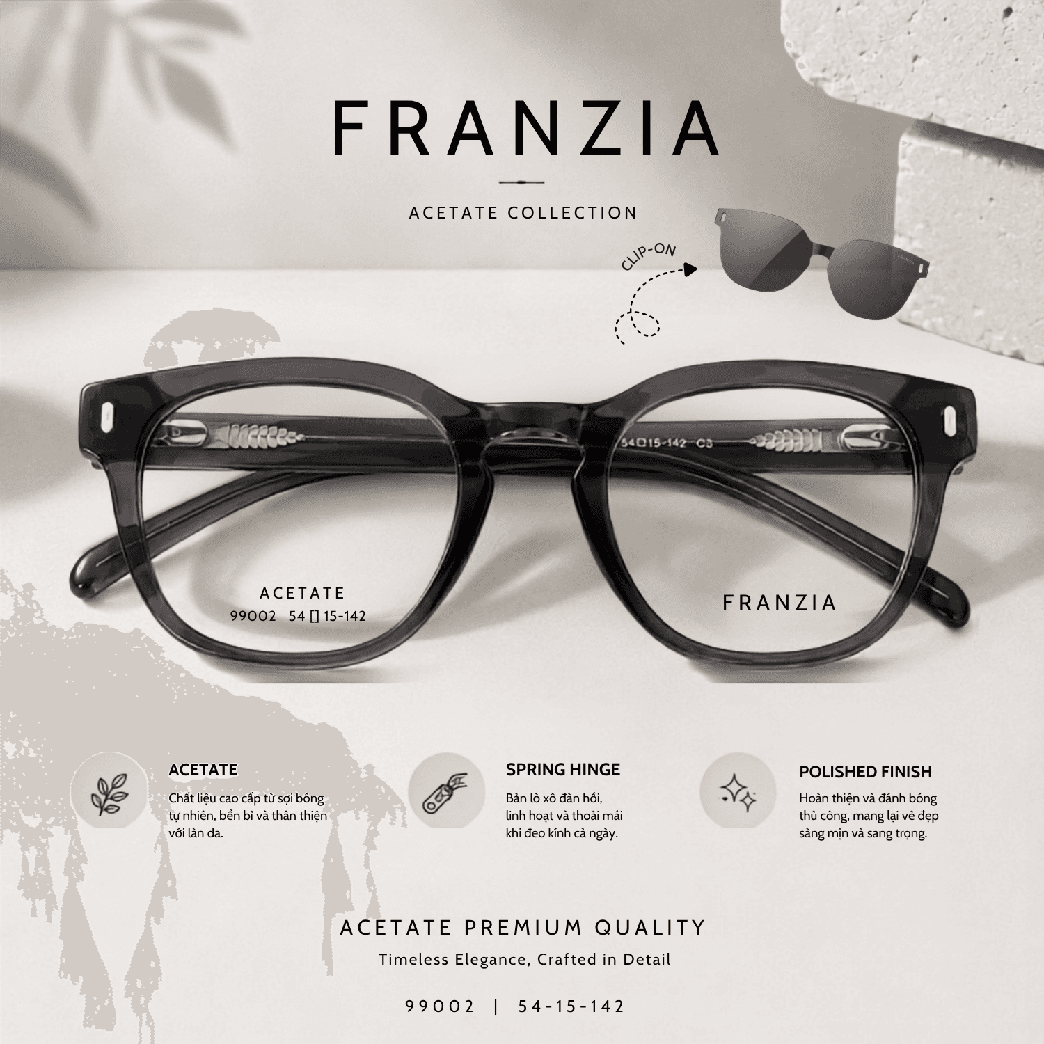 Kính Mát Clip-On FRANZIA Acetate Handmade Cao Cấp - Mã Gọng 99002
