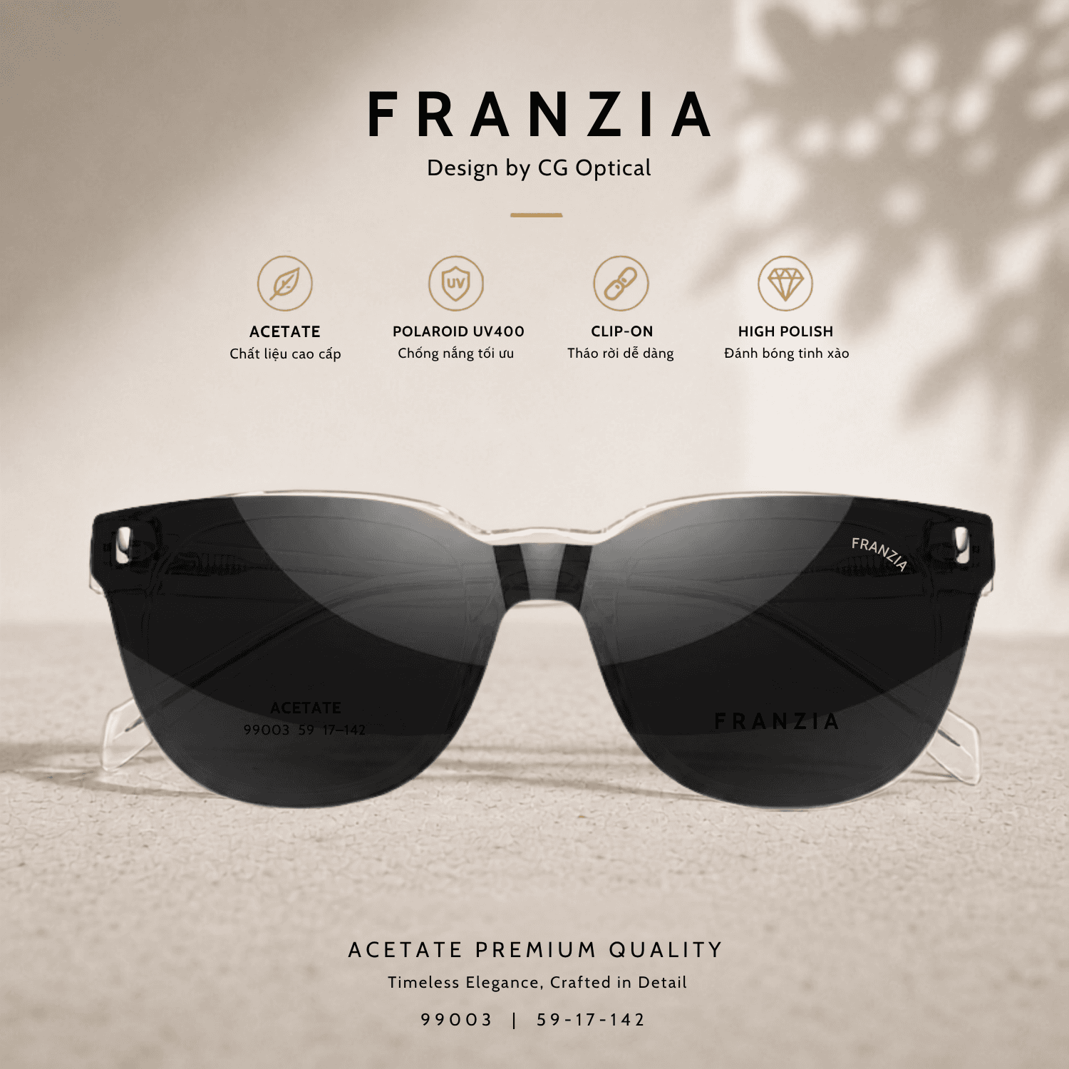 Kính Mát Clip-On FRANZIA Acetate Handmade Cao Cấp - Mã Gọng 99003