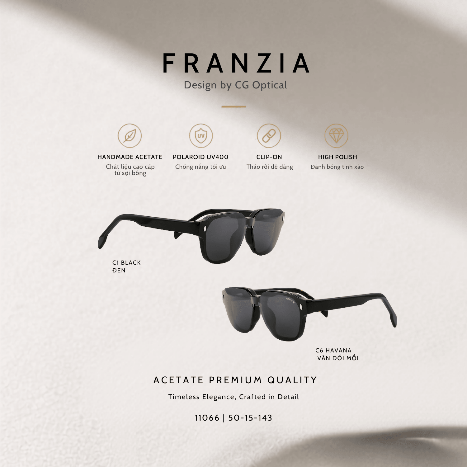 Kính Mát Clip-On FRANZIA Acetate Handmade Cao Cấp - Mã Gọng 11066 - 3