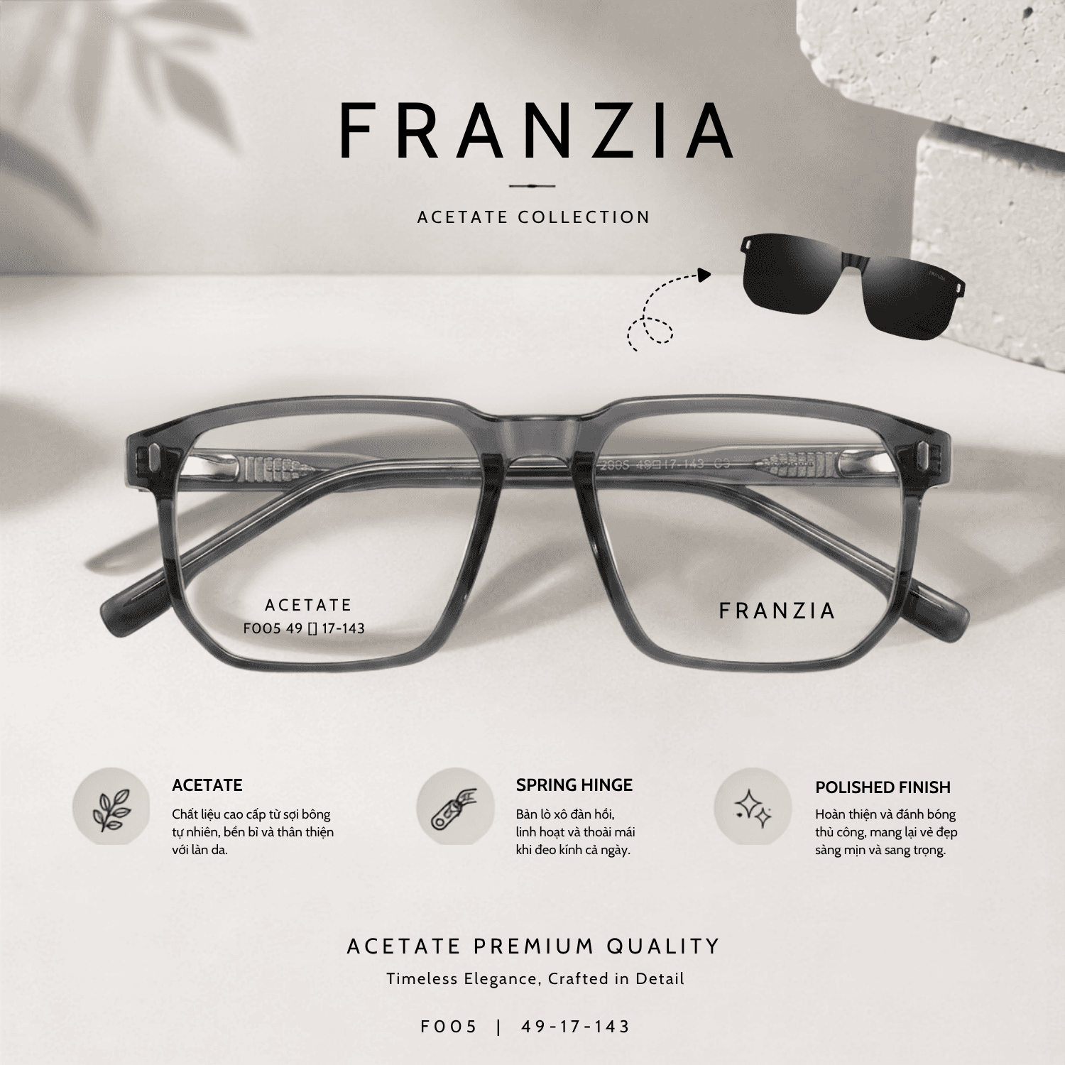 Kính Mát Clip-On FRANZIA Acetate Handmade Cao Cấp - Mã Gọng F005