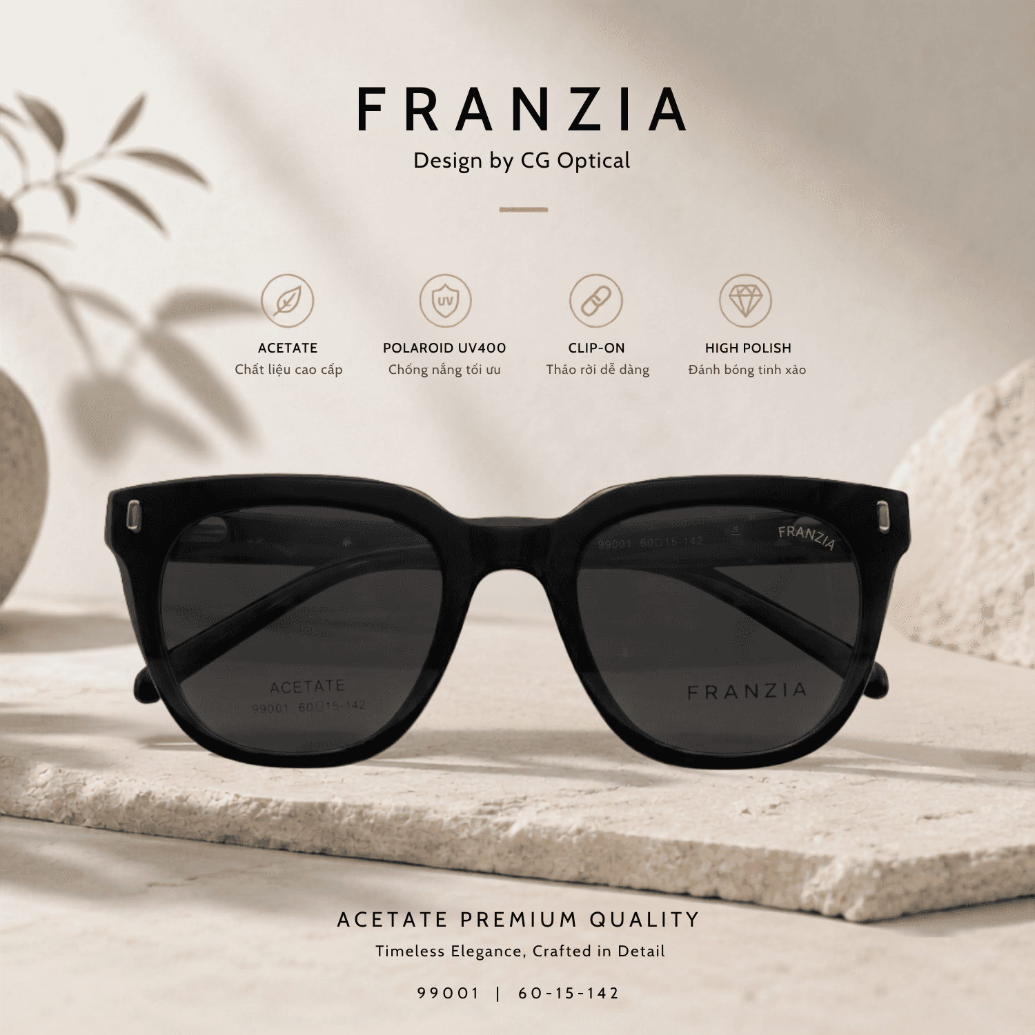 Kính Mát Clip-On FRANZIA Acetate Handmade Cao Cấp - Mã Gọng 99001