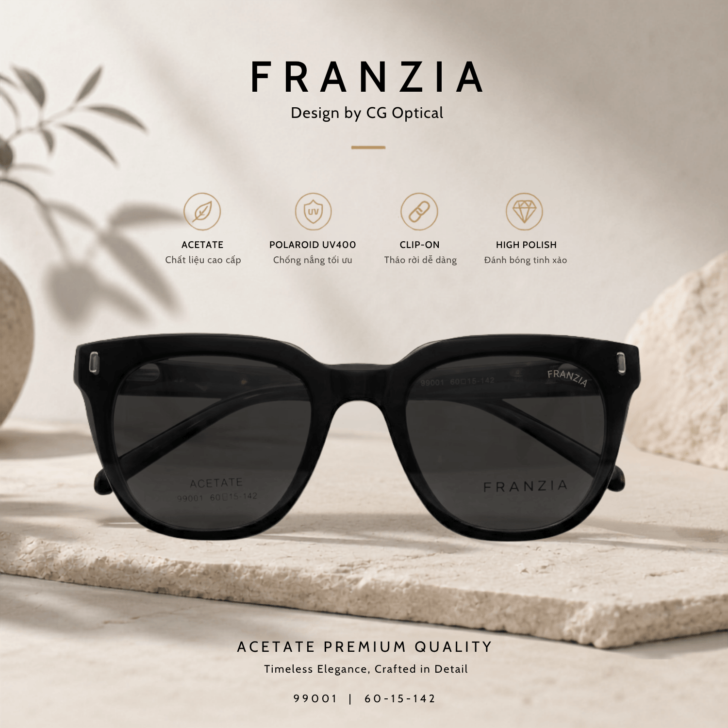 Kính Mát Clip-On FRANZIA Acetate Handmade Cao Cấp - Mã Gọng 99001 - 1